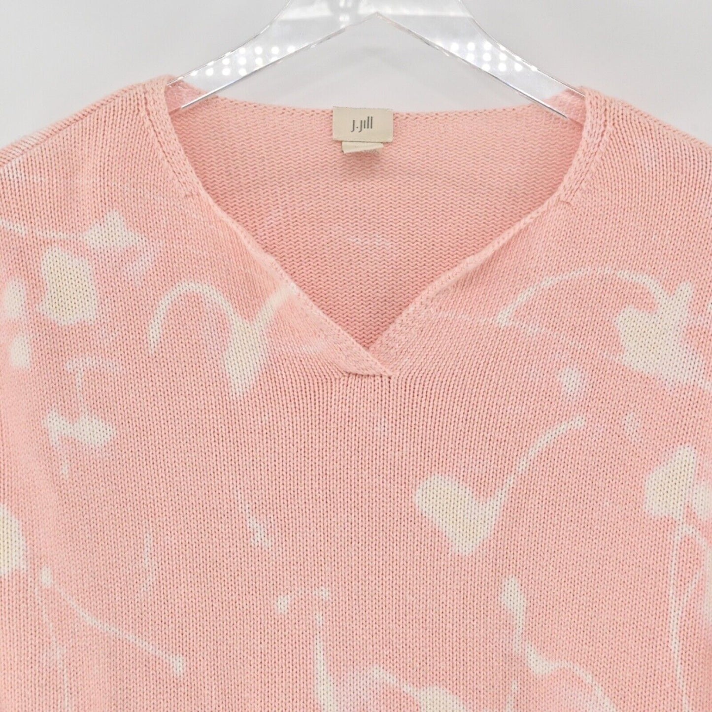 J JILL Sweater Womens Sz XSP Pink Bleach Splatter 100% Cotton VNeck Side Button