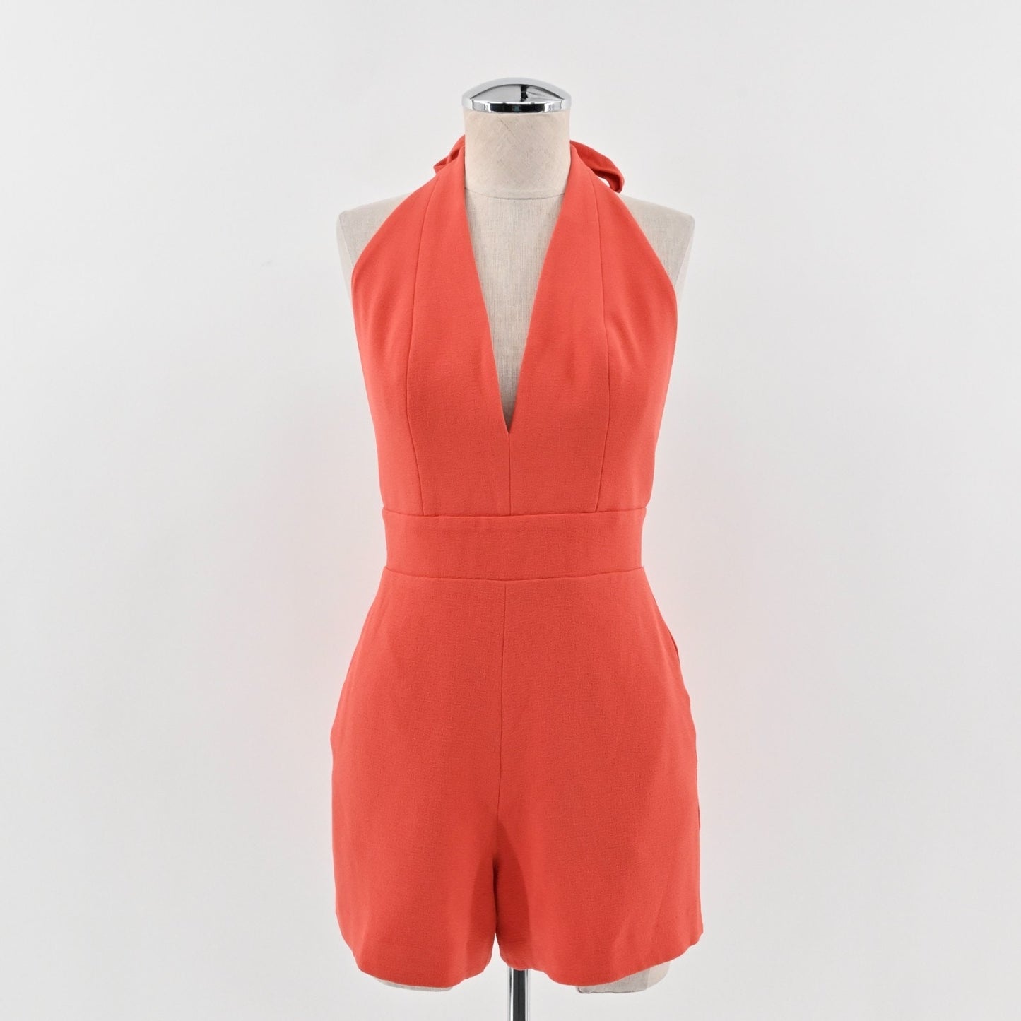 Dress The Population Alexi Halter Romper Womens Size XS Open Back VNeck Poppy
