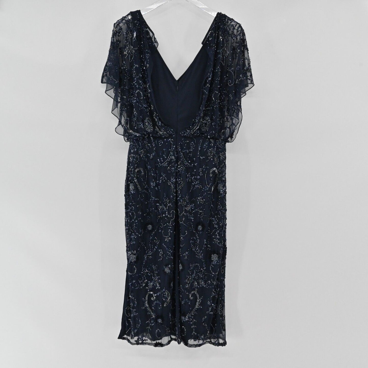 AIDAN MATTOX Dress Size 10 Beaded Sequin Navy Blue Gown Flutter Sleeve Glam FLAW