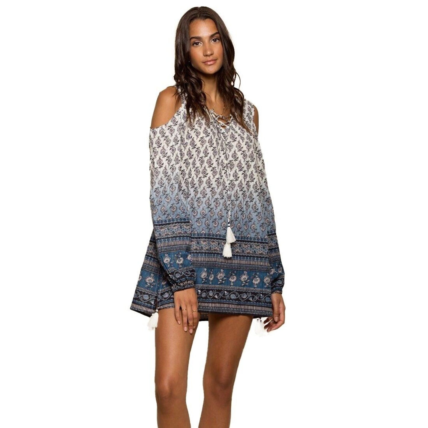 RAGA Dress Womens Size XS Night Bloomer Mini Cold Shoulder Tassel Metallic Boho