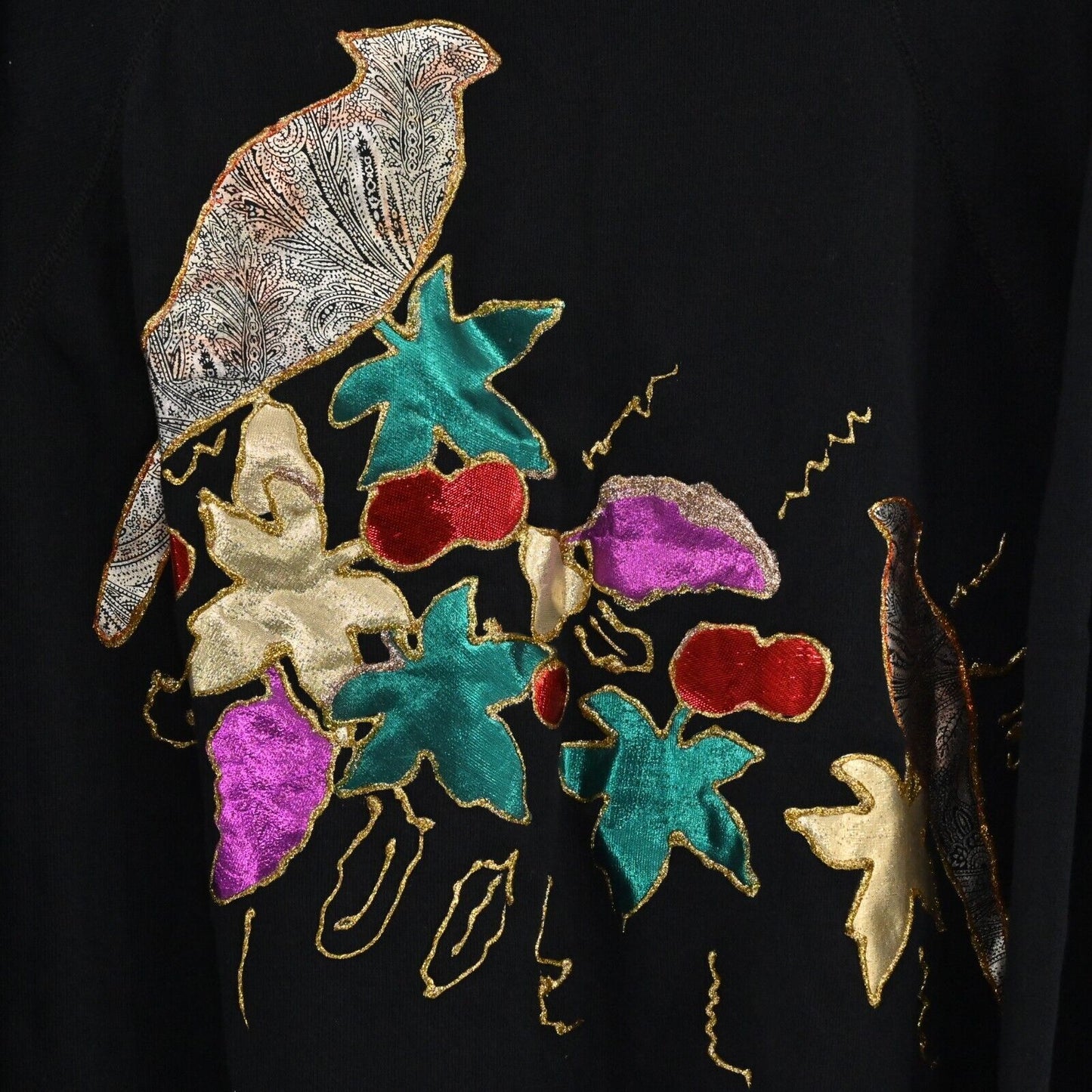 Vtg HANES Sweatshirt Womens Size L Black Glitter Puff Paint Autumn Birds USA 90s