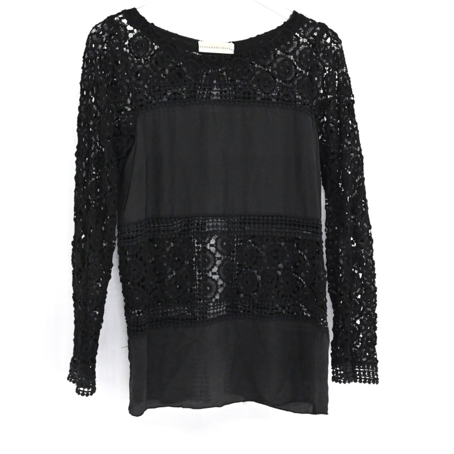JOHNNY WAS Top Womens Size S Silk Crochet Black Tulip Back 4 LOVE AND LIBERTY
