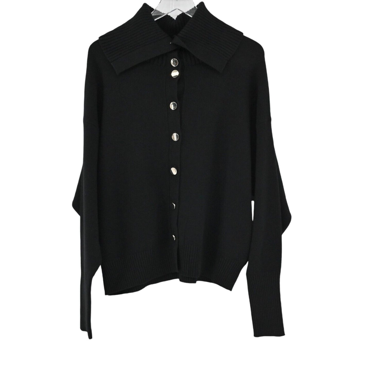 ZARA Cardigan Womens Sz M Black Exaggerated Collar Button Minimalist Retro Chic