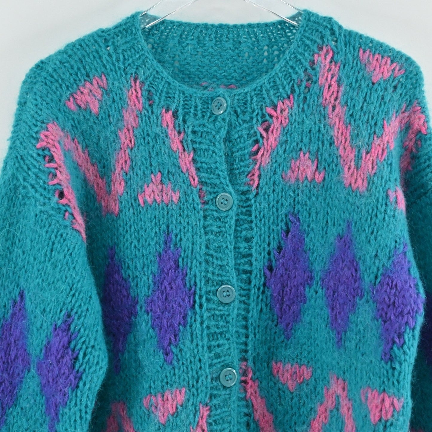 Vtg 80s Womens Mohair Knit Sweater Size L Teal Colorful Diamond Cardigan