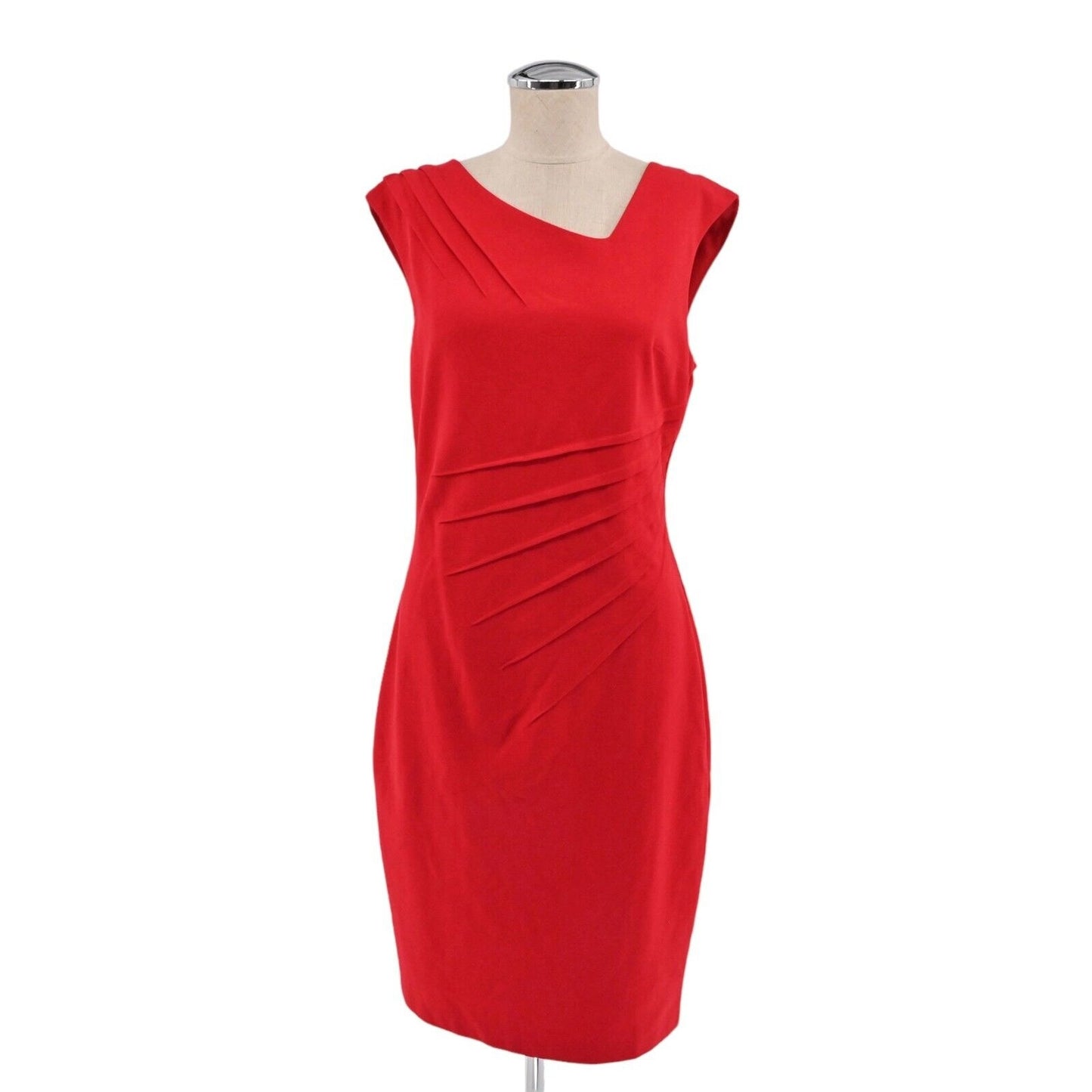 Vtg CACHE Dress Womens Sz 10 Sheath Red Asymmetric Neckline Ruched Office Career