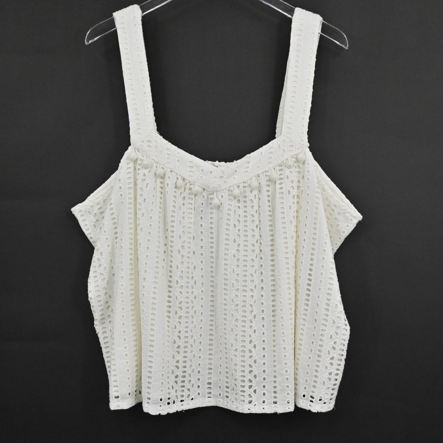 SUNDANCE Womens Eyelet Top Size XXL Sleeveless Sugar Sand Ivory Pom Pom Blouse