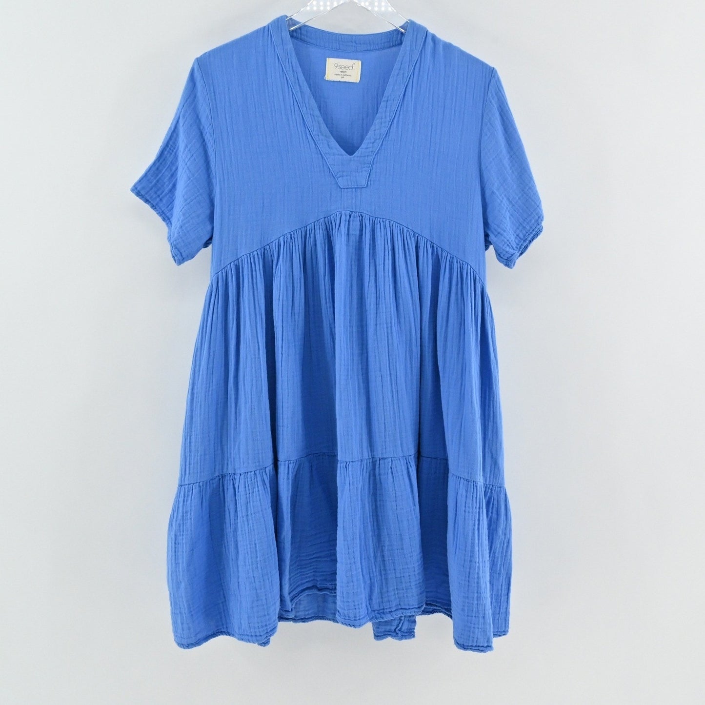 9 Seed Womens Cotton Tiered Mini Dress Size PS Blue Resort Bohemian Vacation
