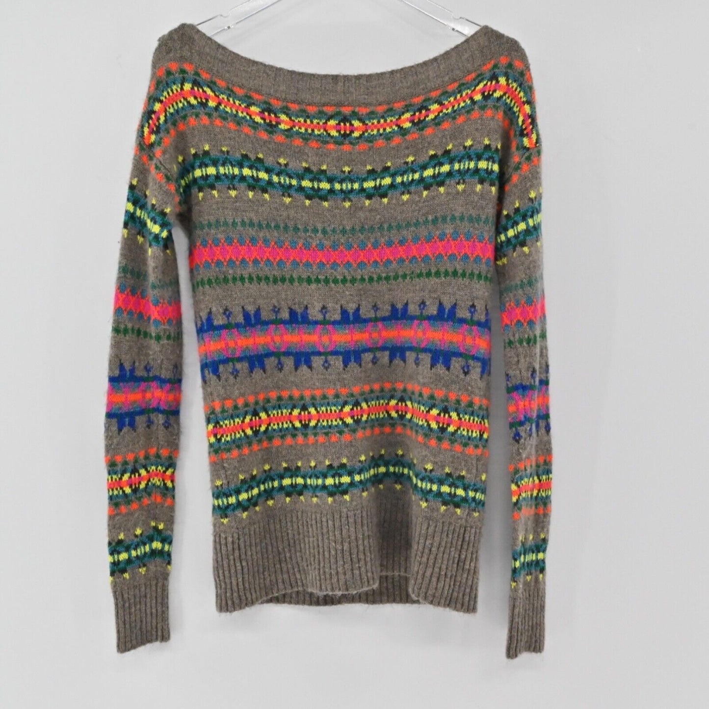 AMERICAN EAGLE Sweater Womens Size S Neon Fair Isle Wool Blend Boat Neck Retro