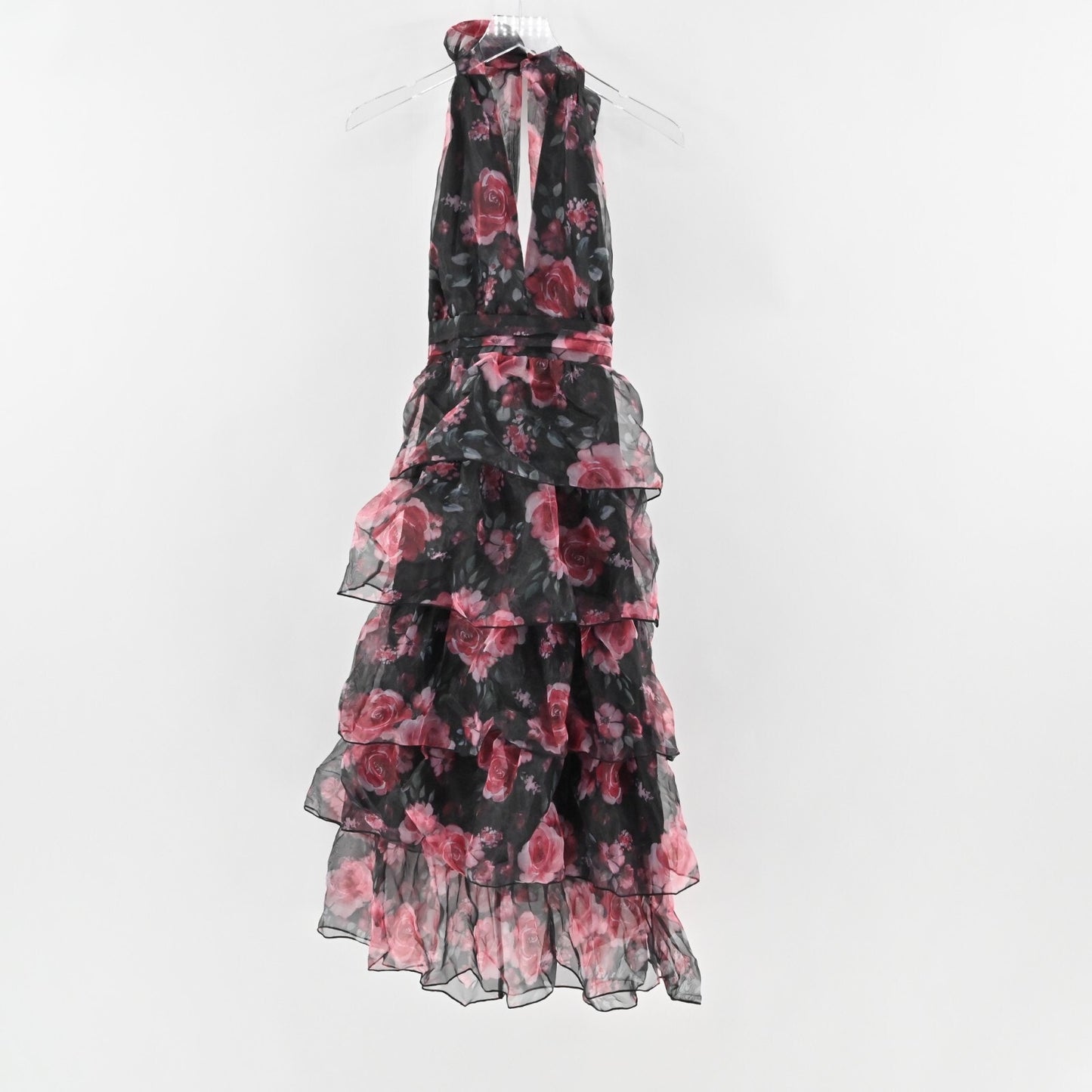 RIHOAS Dress Size S VNeck Floral Print Tiered Layered Halter Midi Black Pink NEW