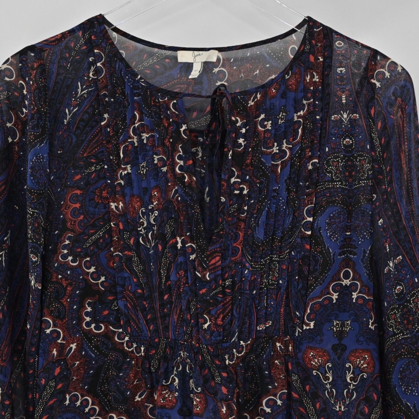 JOIE Top Womens Size XS Blue Paisley Sheer 100% Silk Chiffon Tie Neck 3/4 Sleeve