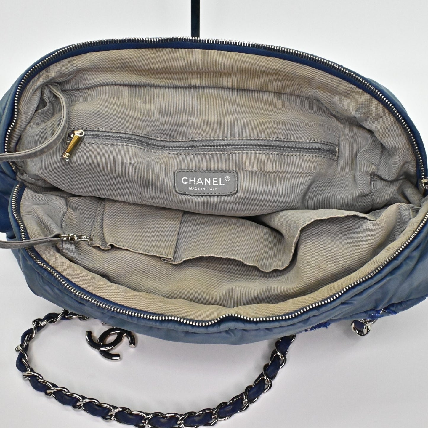 CHANEL Shoulder Bag Byzance Tweed On Stitch Blue Nylon Quilted Chain Strap