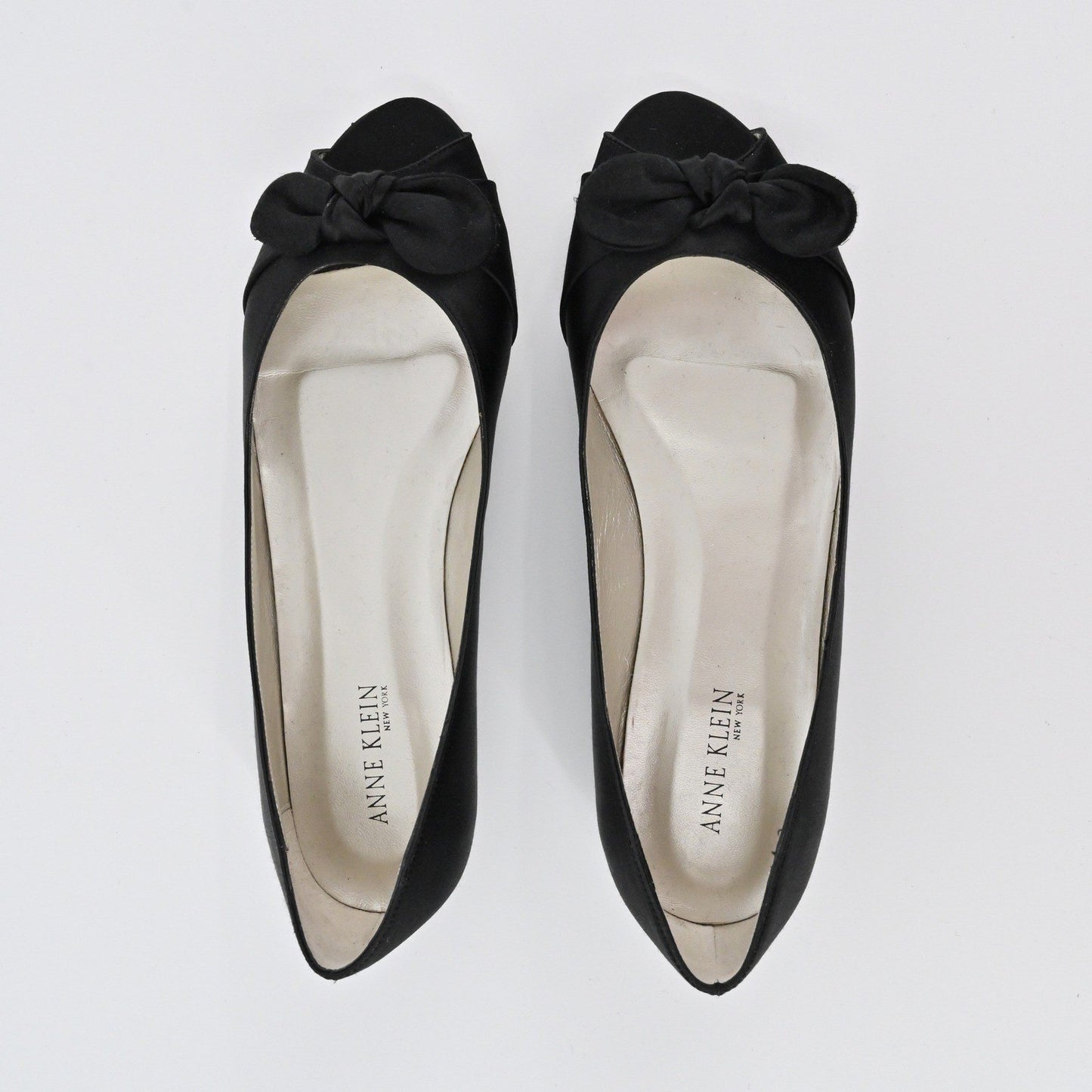Anne Klein Peep Toe Ballet Flats Womens Size 7 Black Bow Casual Classic Satin
