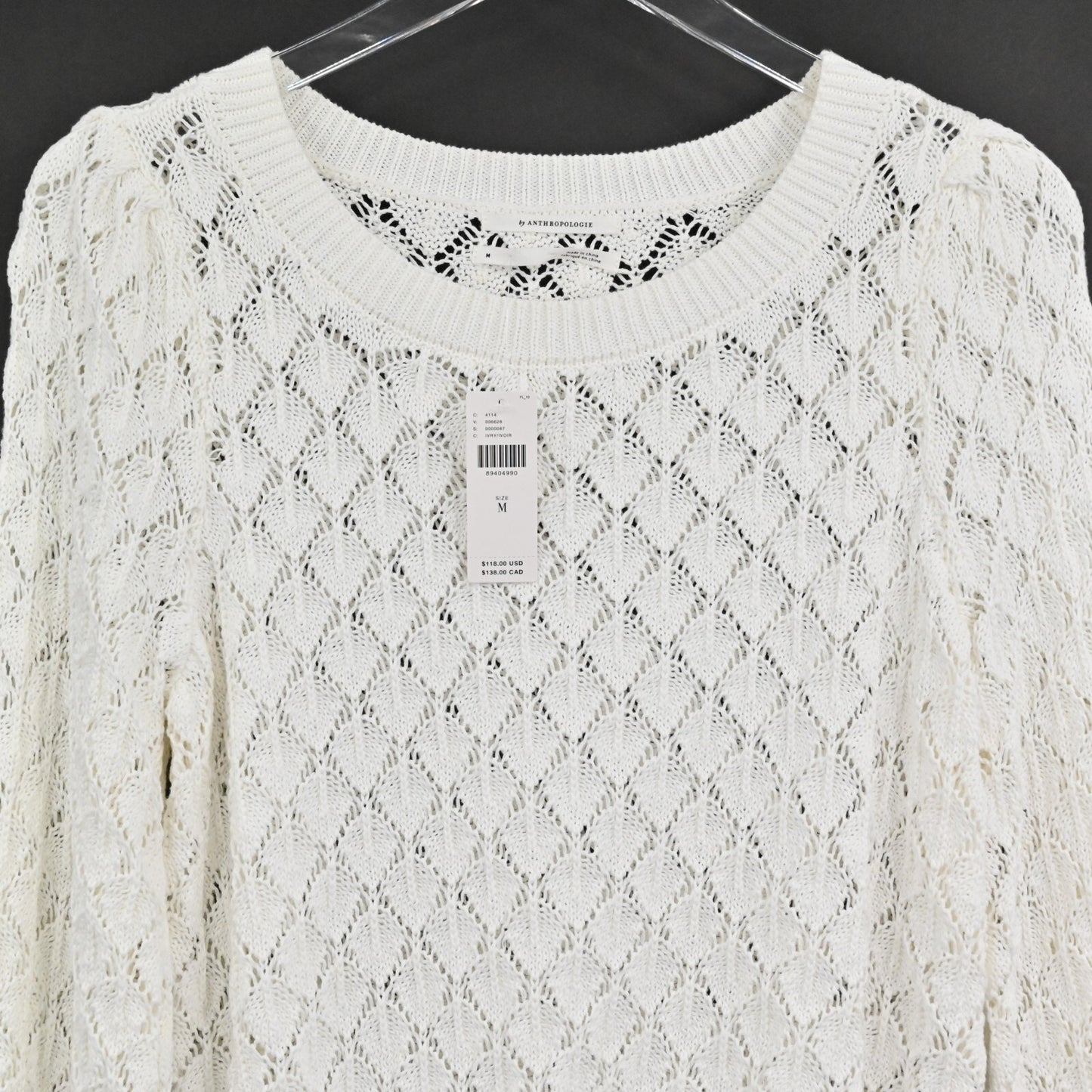 ANTHROPOLOGIE Womens Pointelle Sweater Size M Flounce Hem Knit Ivory Preppy NEW