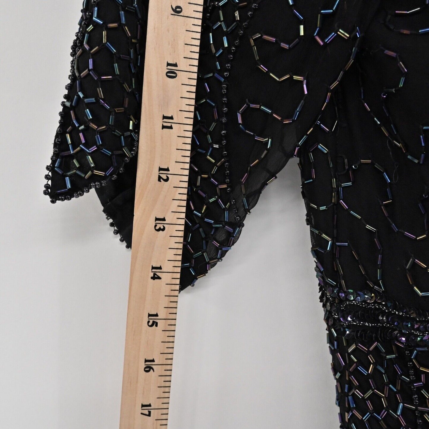 Vtg Beaded Top Womens Sz L Black Oil Slick Sequin Silk Half Sleeve 80s MARK JOHN