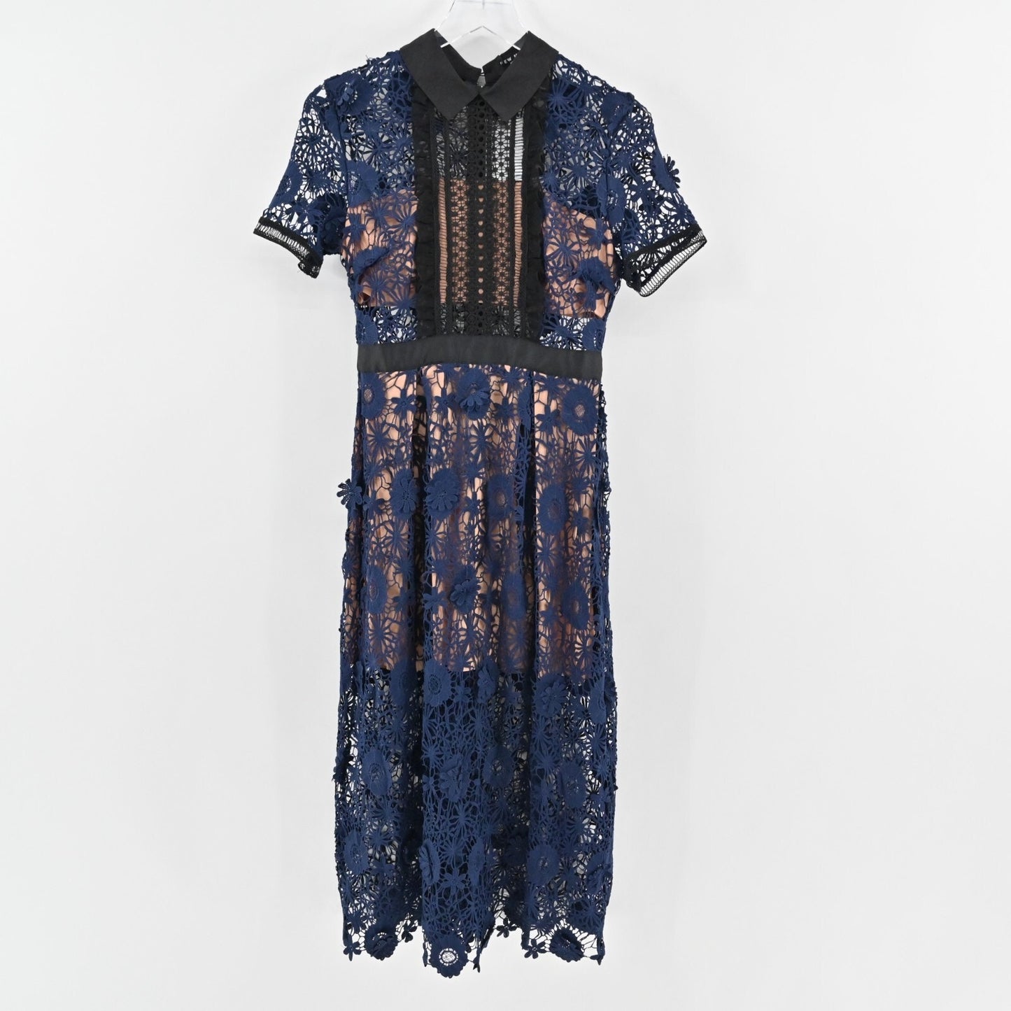 FEW MODA Navy Floral Midi Dress Size M Yoke Collar Lace Overlay Preppy Chic NEW