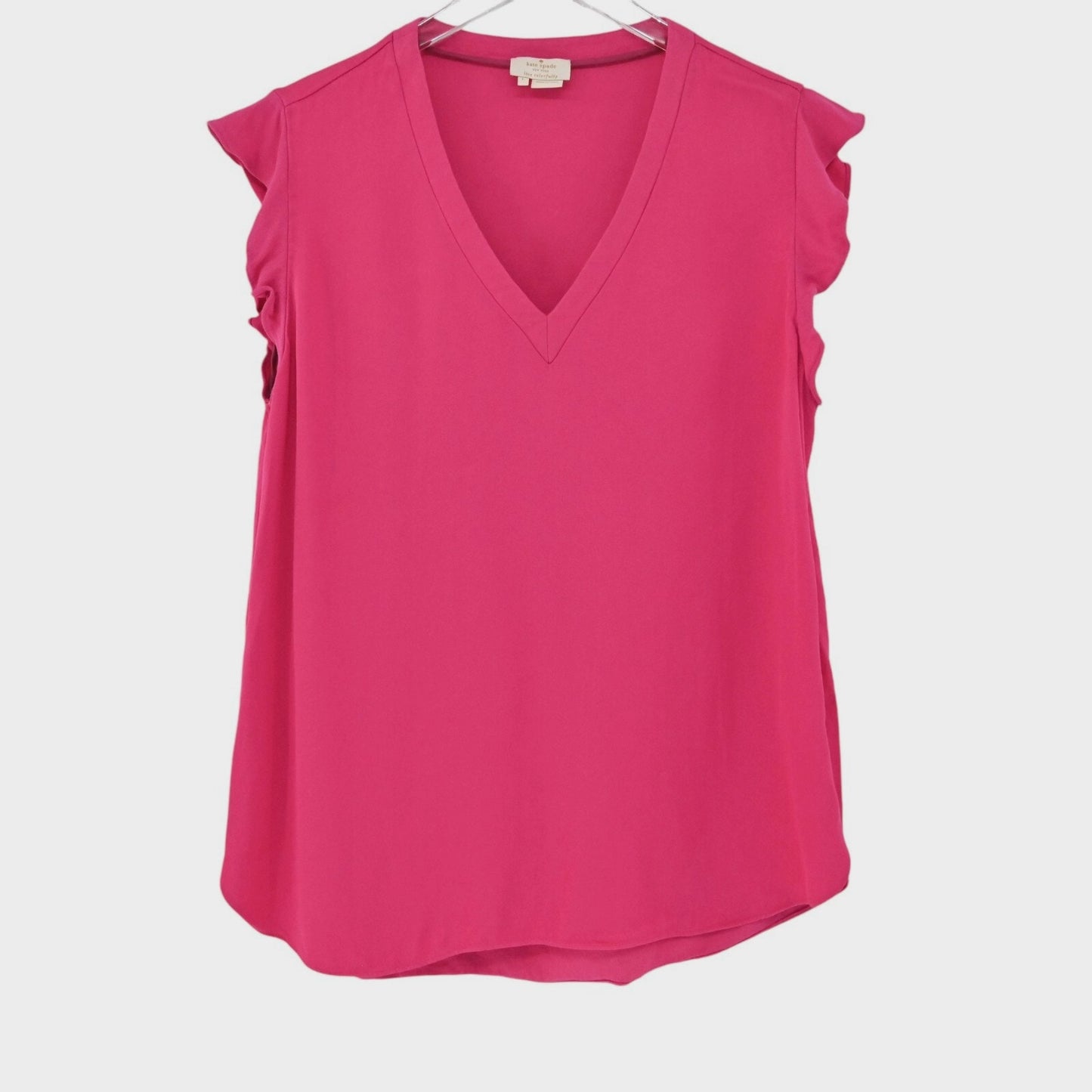 KATE SPADE Top Womens Sz L Pink V Neck Ruffle Flutter Cap Sleeve Preppy New York
