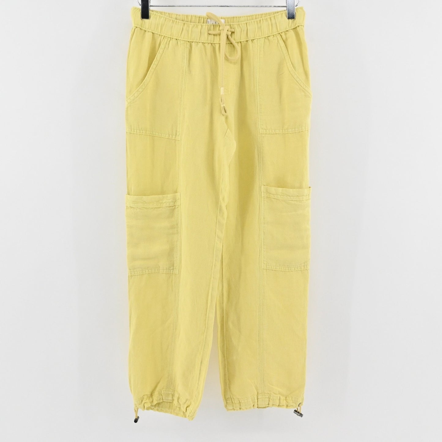 Nicole Miller Womens Yellow Cargo Pants Size XS Linen Blend Crop Cinch Hem
