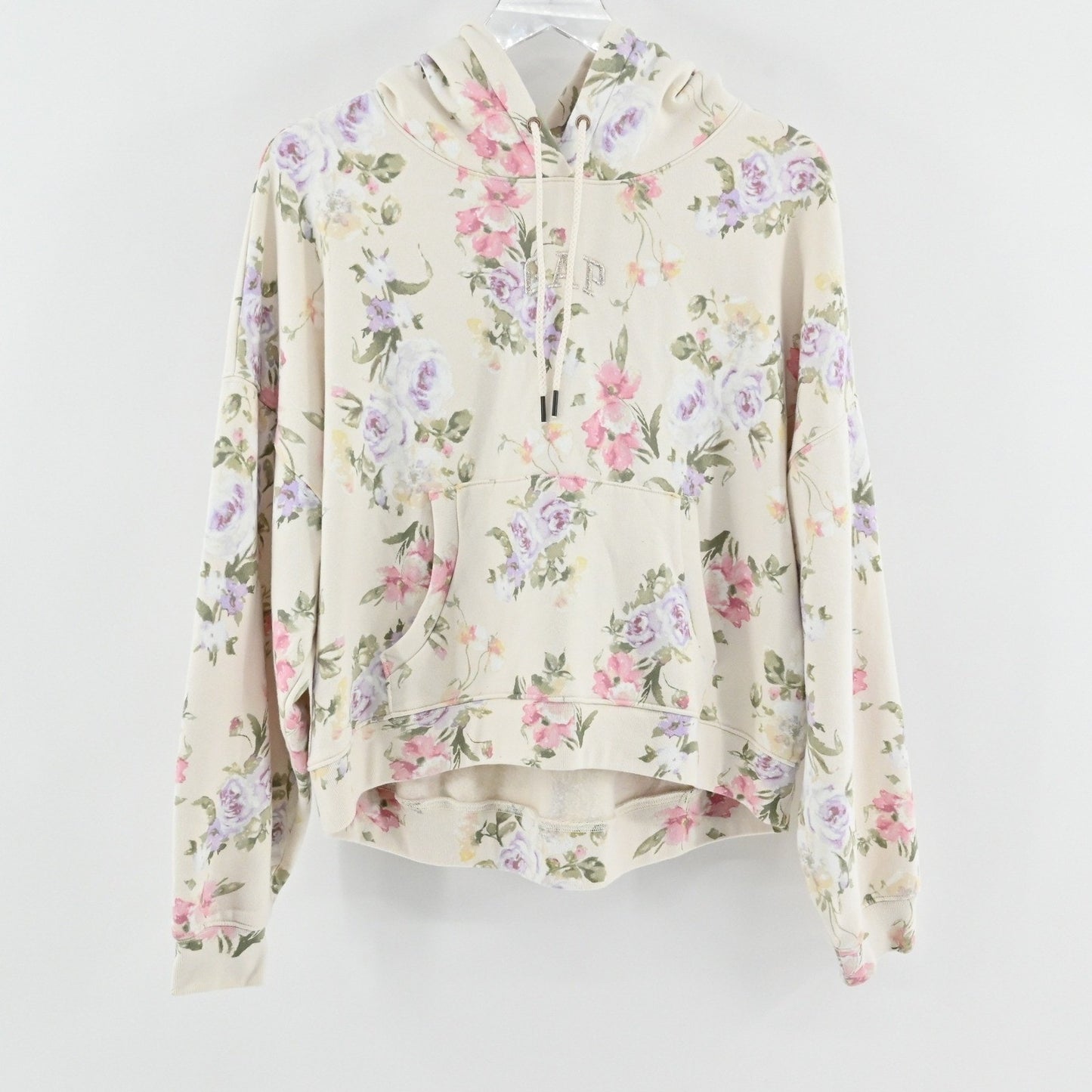 GAP LoveShackFancy Floral Hoodie Womens Size M Cropped Sweatshirt Logo Pullover