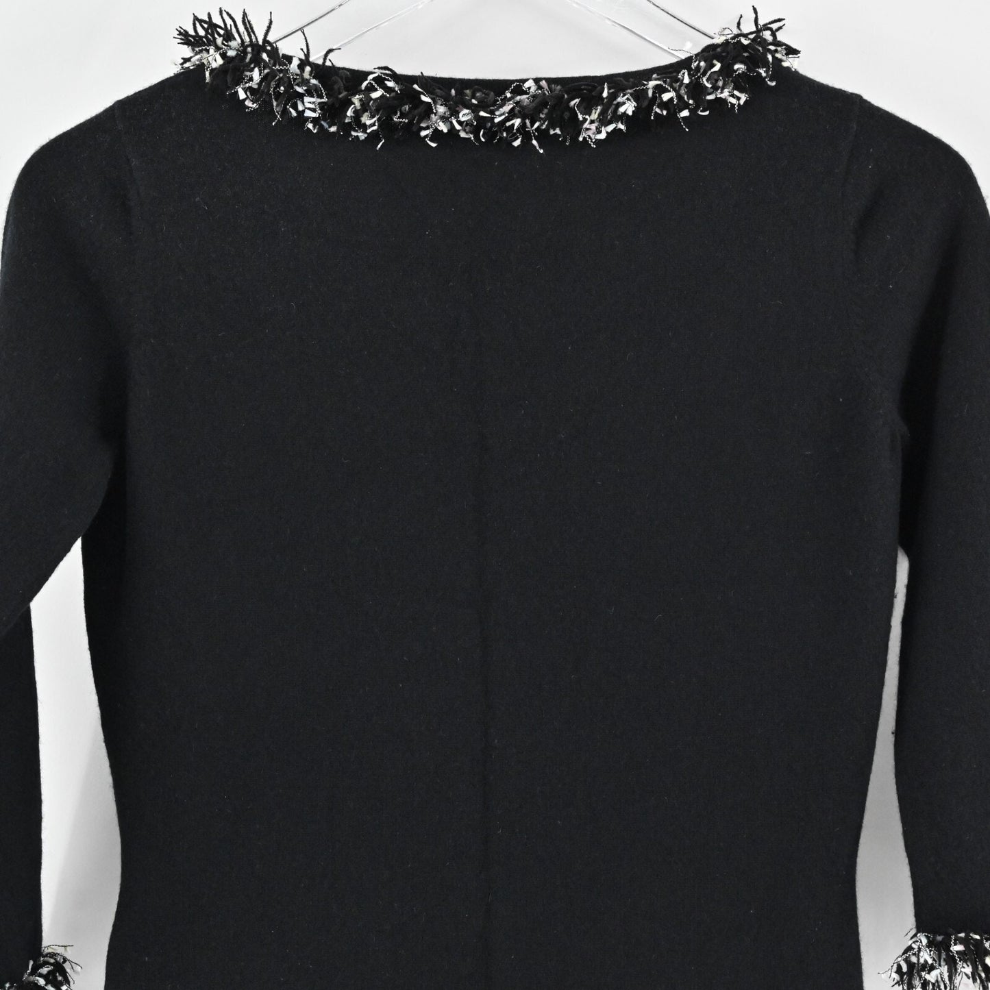 Vtg NEIMAN MARCUS Cashmere Sweater Womens Size S Knit Casual Black Fringe Trim