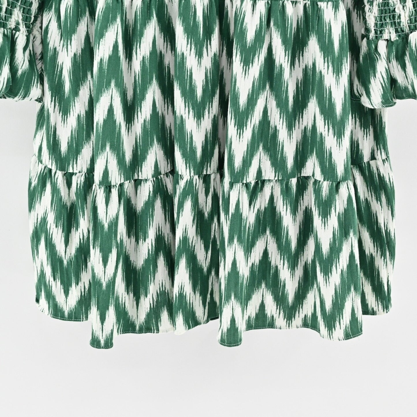 POMANDER PLACE Ikat Kenzo Dress Sz 2XL Green Chevron Ruffle Tiered Tuckernuck