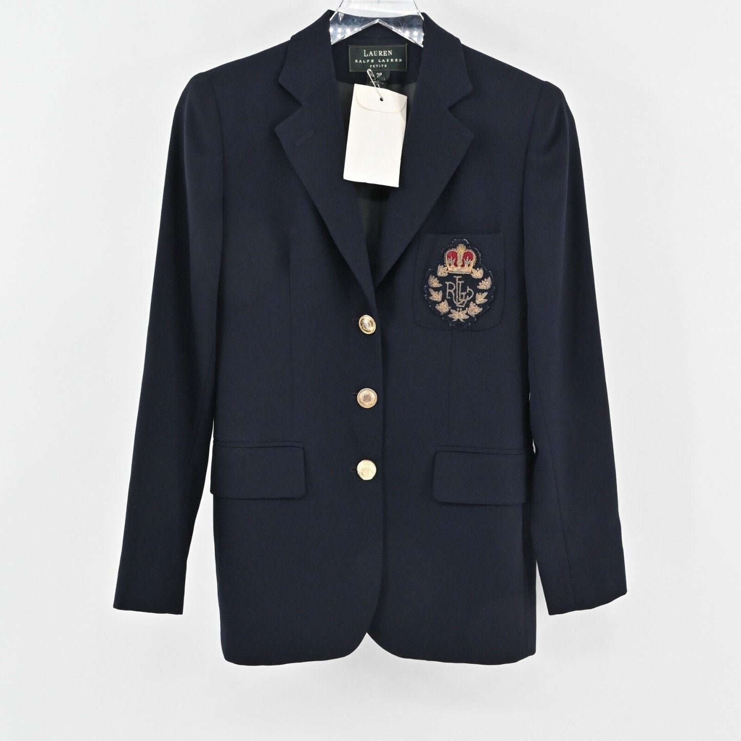 Vtg RALPH LAUREN Womens Blazer Size 2P LRL Navy Wool Academia Crest USA Y2K