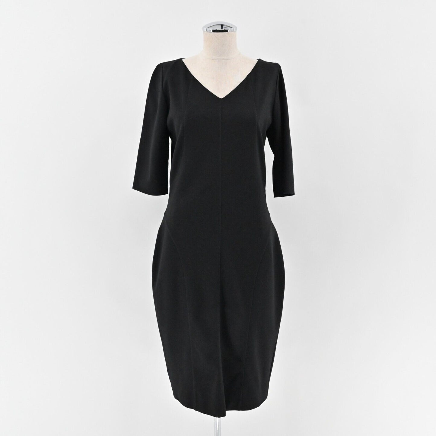 LES COPAINS Dress Size 44 Black V Neck Half Sleeve Knee Length Zip Sheath Career