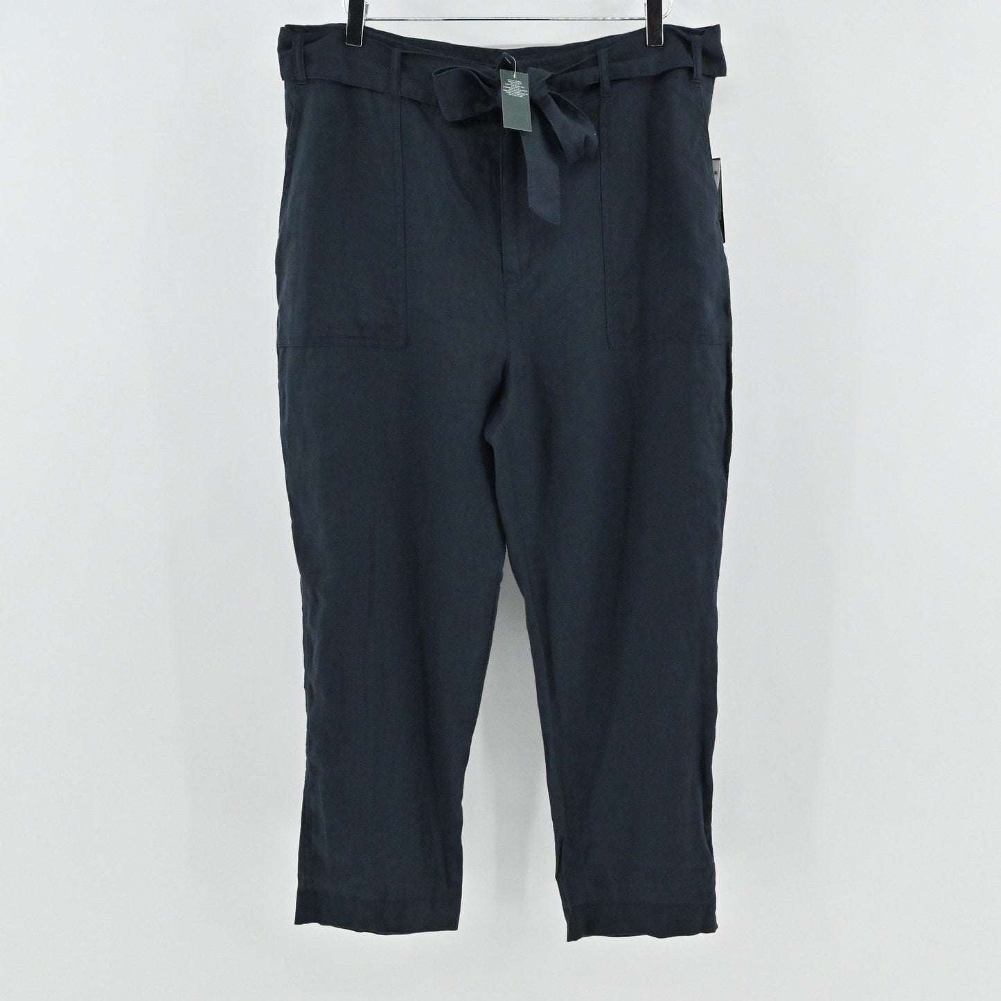 Ralph Lauren Womens Cropped Linen Pants Size 14 Navy Tie Waist Preppy Summer LRL