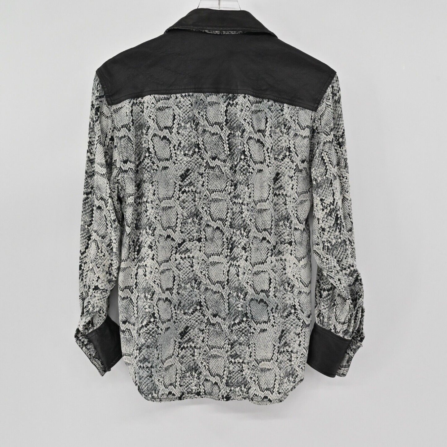 Vtg CACHE Top Womens Sz M Black Snakeskin Print Silk Faux Leather Button Up 90s