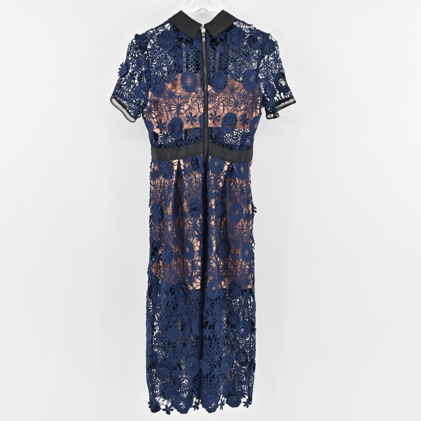 FEW MODA Navy Floral Midi Dress Size M Yoke Collar Lace Overlay Preppy Chic NEW