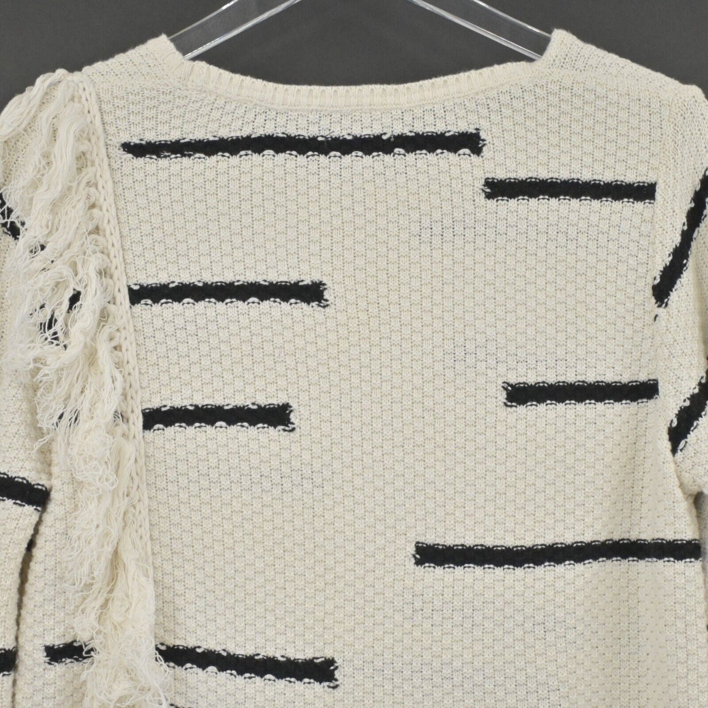 LUCKY BRAND Sweater Womens Sz Medium Fringe Pullover Long Sleeve Stripe Natural