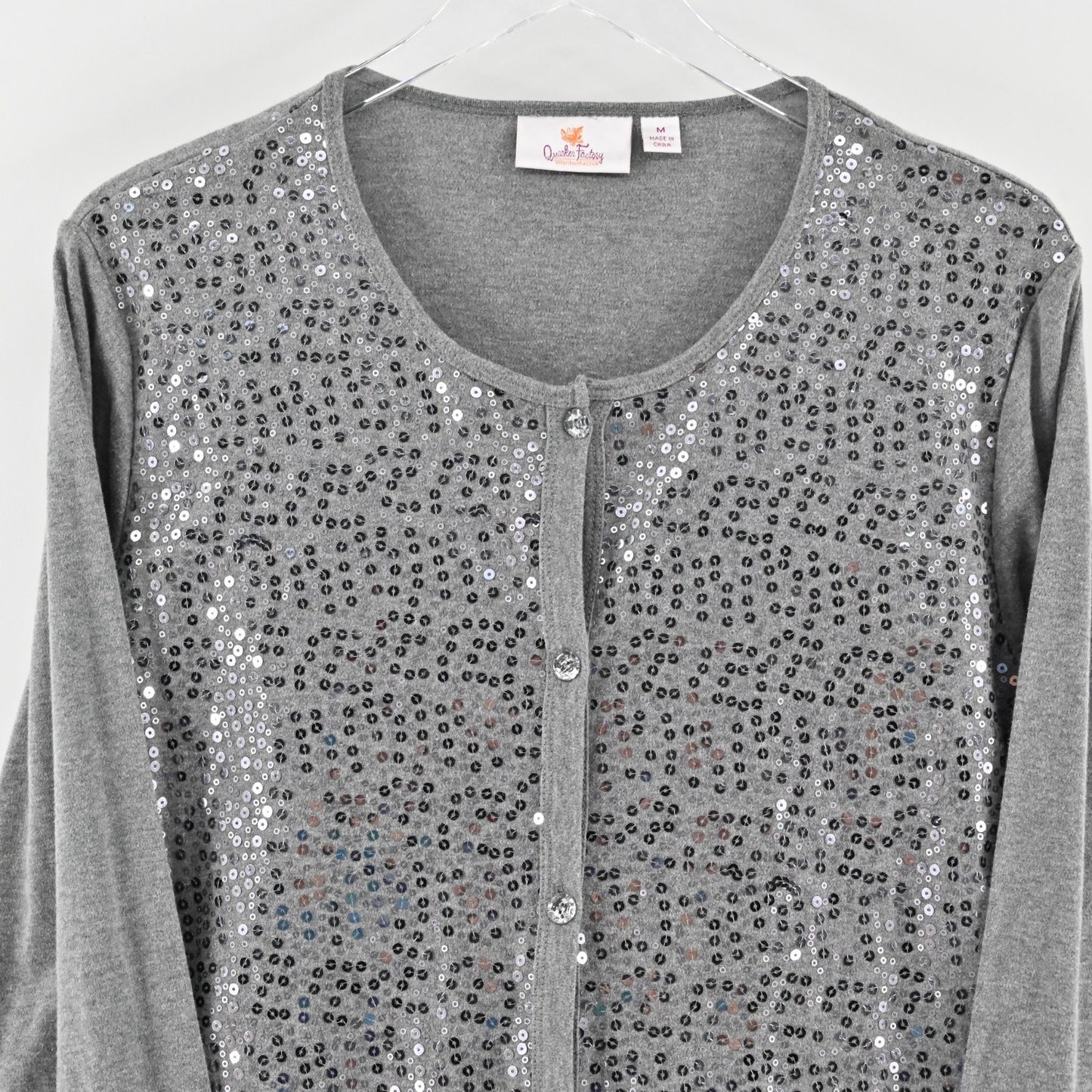 Quacker Factory Womens Sequin Cardigan Size M Silver Gray Button Front Sweater