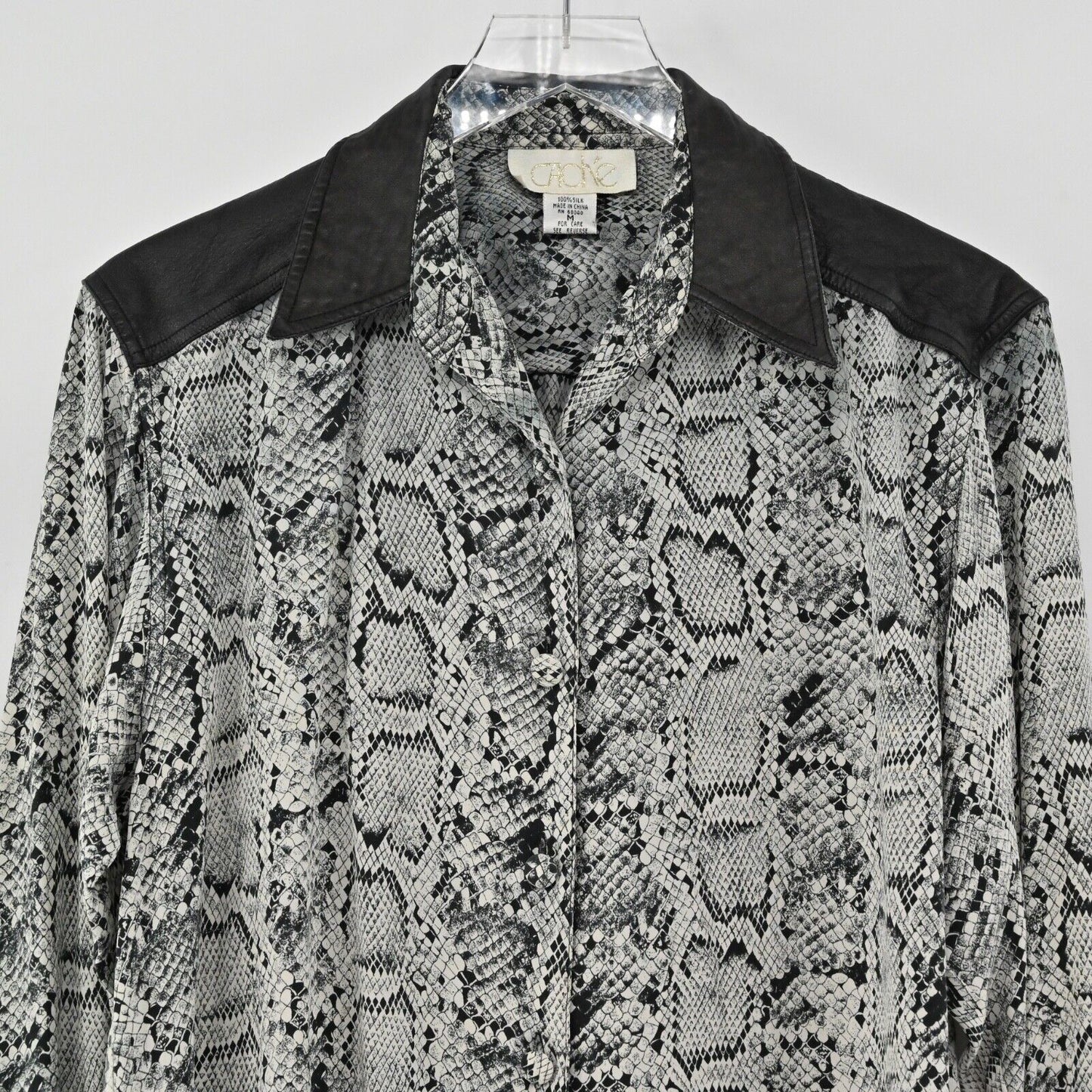 Vtg CACHE Top Womens Sz M Black Snakeskin Print Silk Faux Leather Button Up 90s