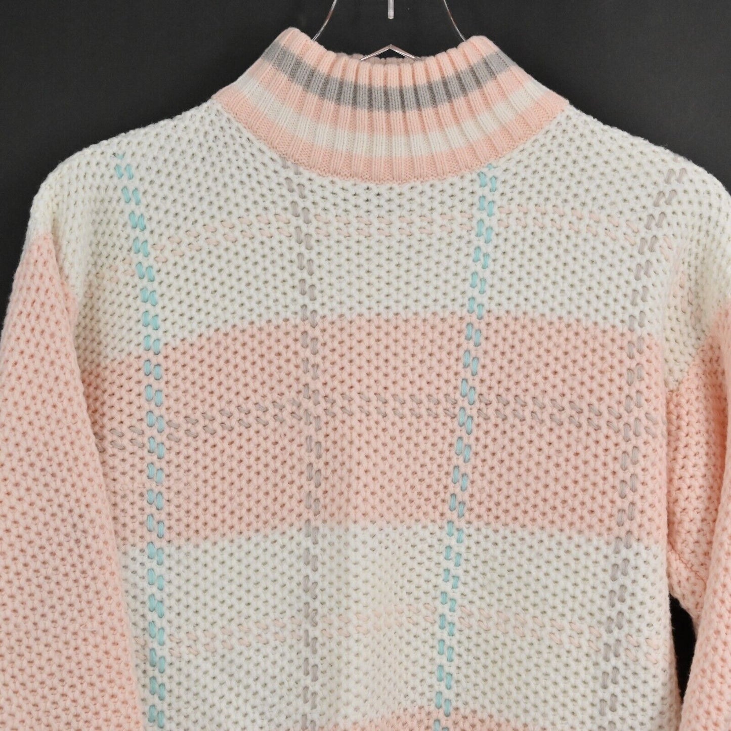 Vtg Pastel Sweater Size M Fairy Kei Plaid Chunky Knit Mock Neck Kawaii Cute Goth