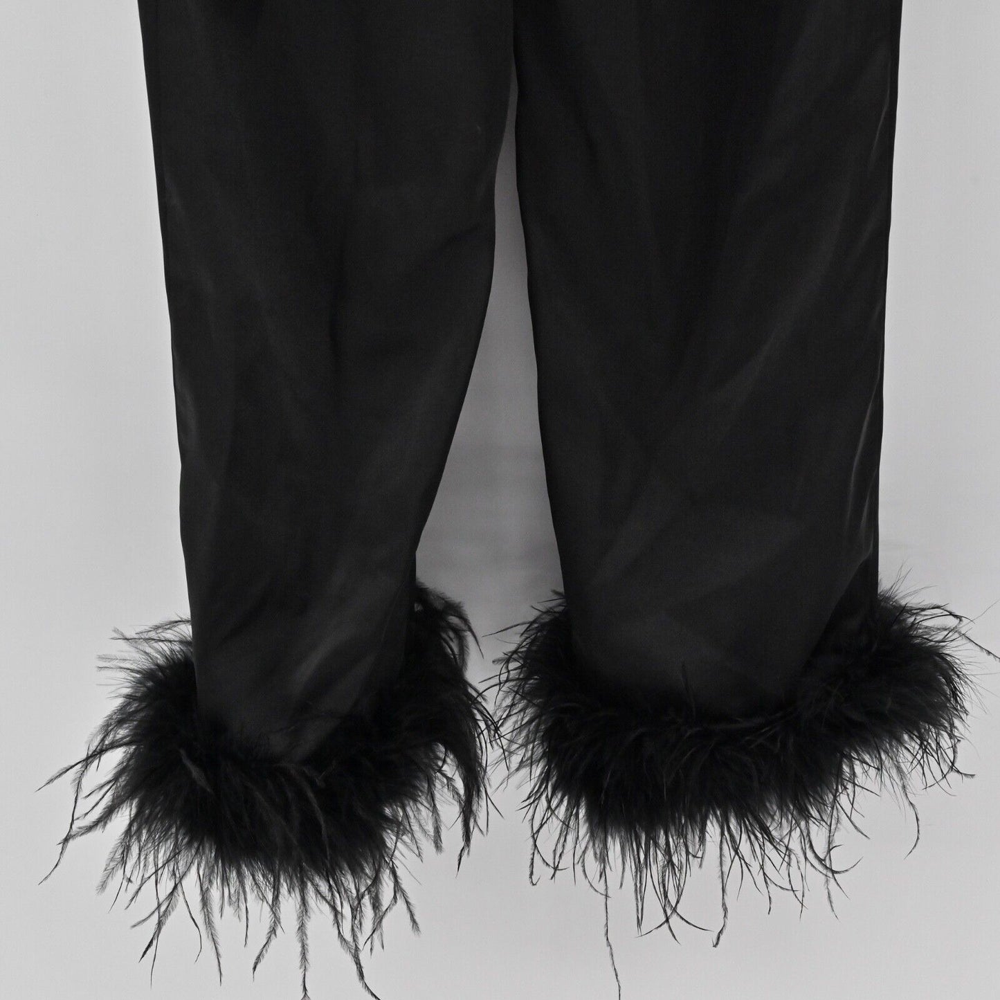NADINE MERABI Pants Women Sz 2 Black Satin Feather Cuff Darcie Pajama Retro Glam