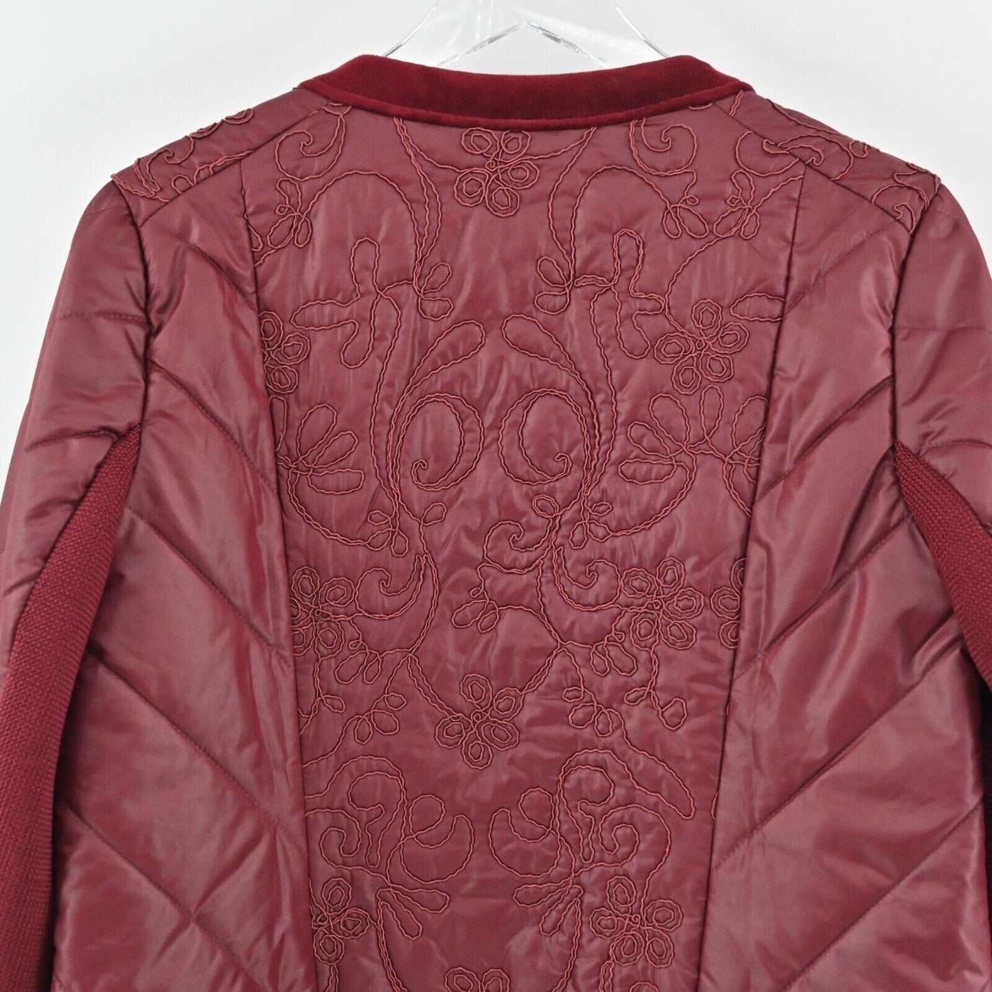 CHICOS Jacket Womens Size M Zenergy Red Maple Velvet Trim Embroidered Zip Front