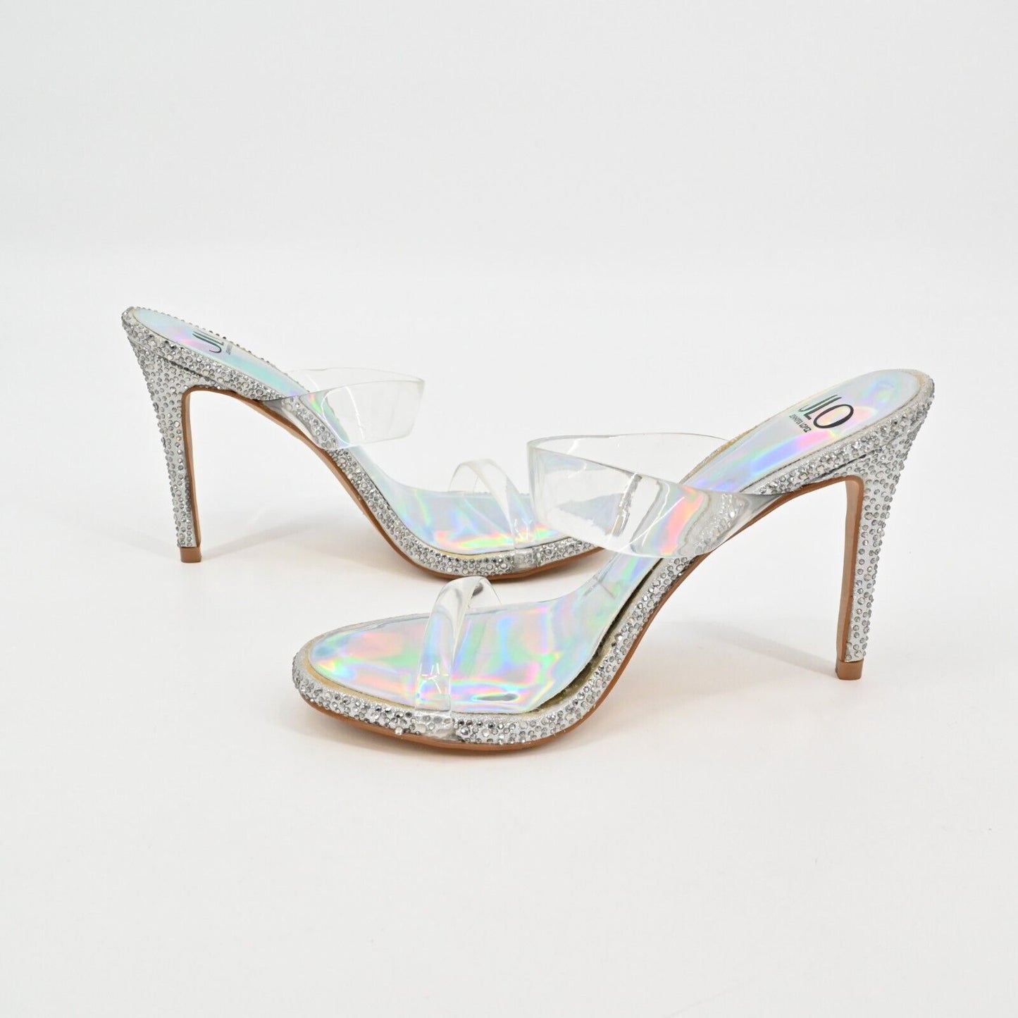 JLO Heels Womens Sz 8 Jennifer Lopez Ineze Rhinestone Silver Plastic Slide Pump