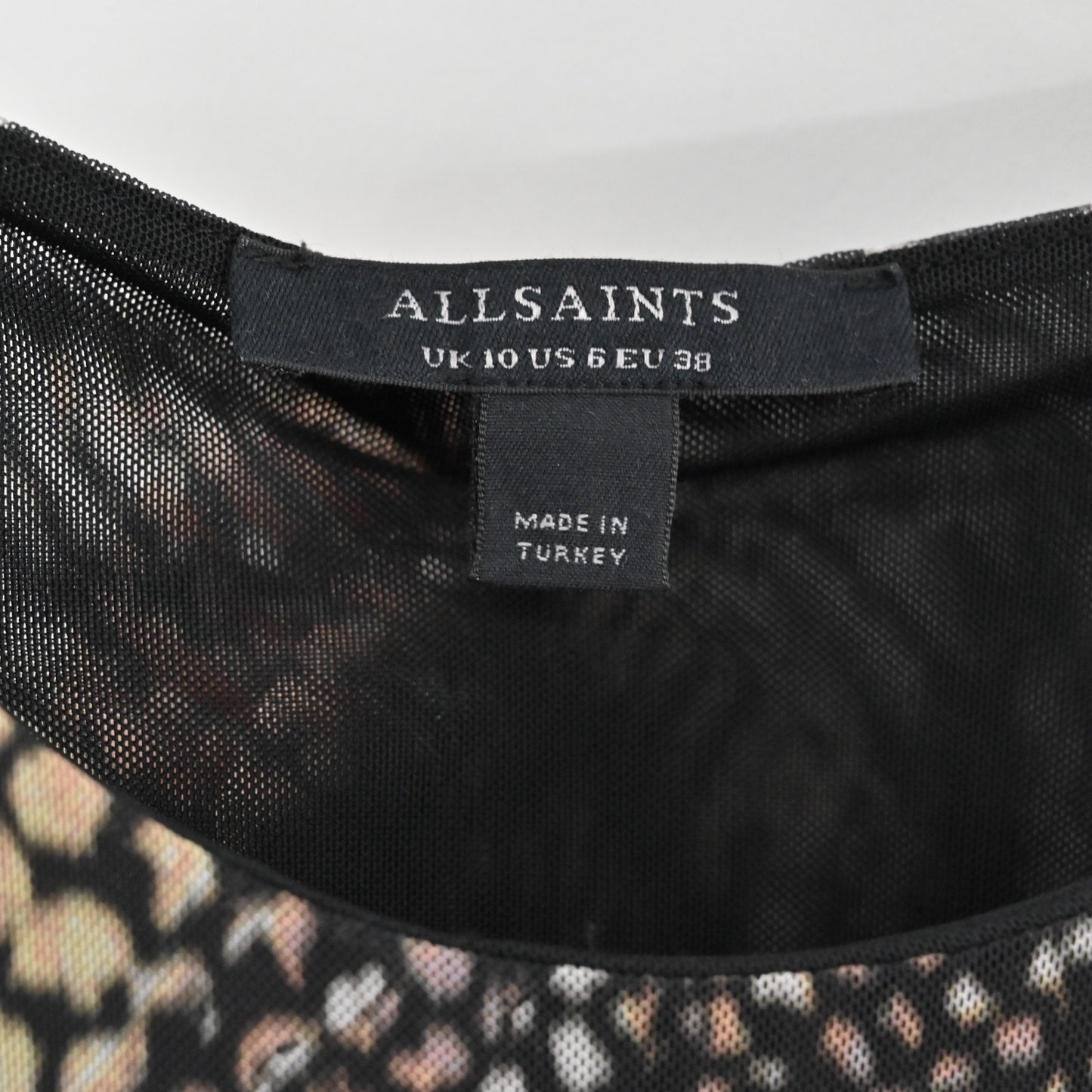 ALLSAINTS Nora Waima Dress Size 6 Slim Fit Ruched Midi Black Snake Motif Print