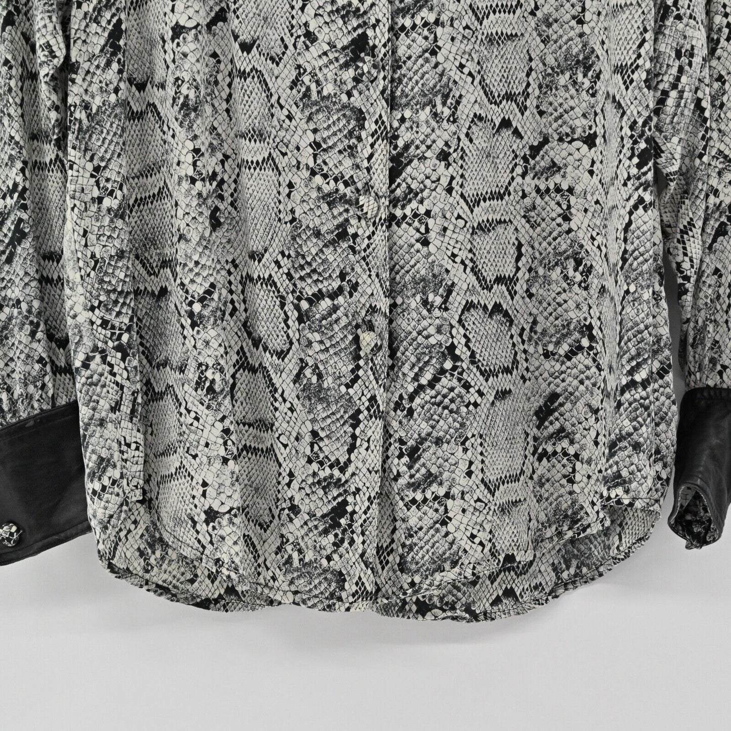 Vtg CACHE Top Womens Sz M Black Snakeskin Print Silk Faux Leather Button Up 90s