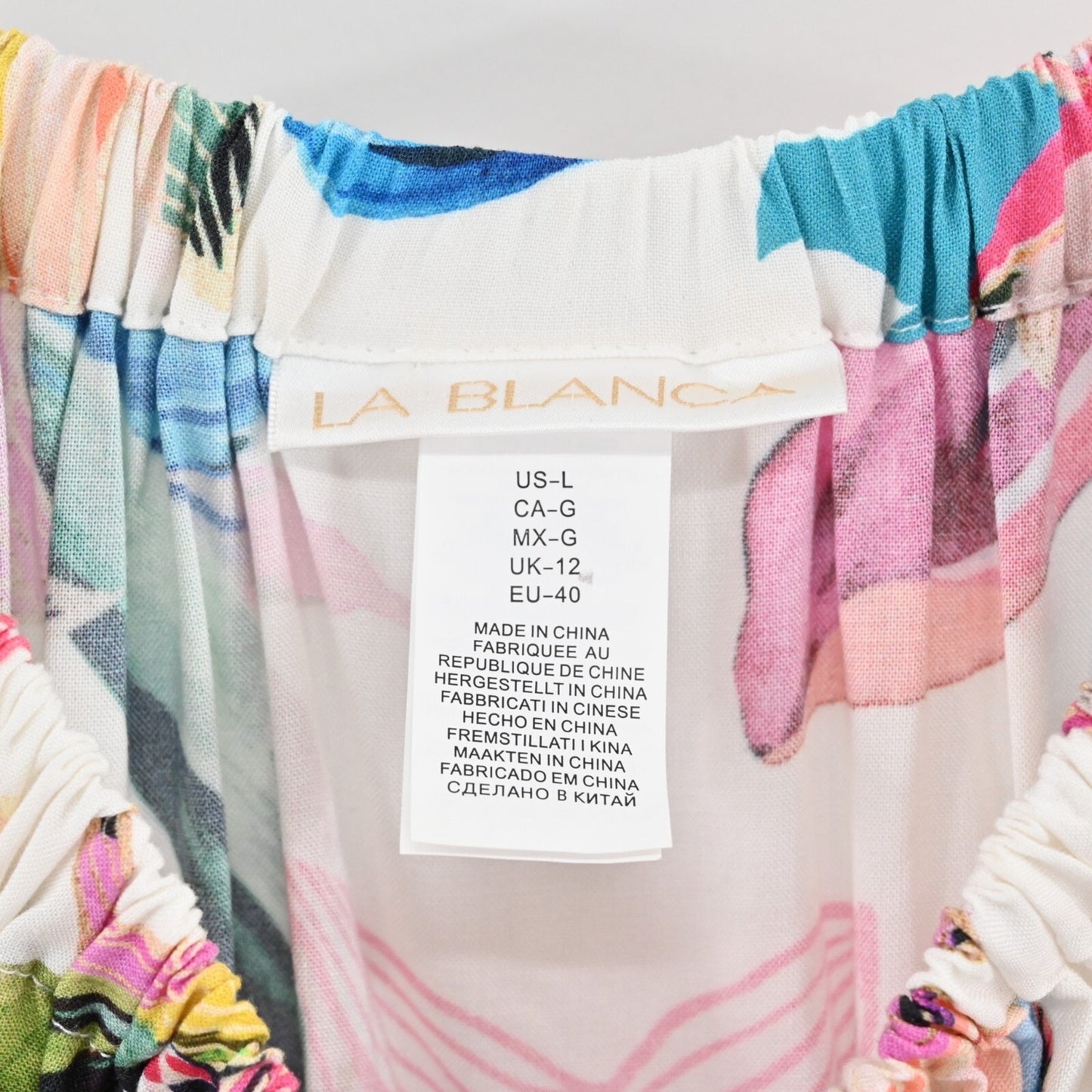 LA BLANCA Dress Size L Paradise Floral ALine Mini White Multi Off Shoulder