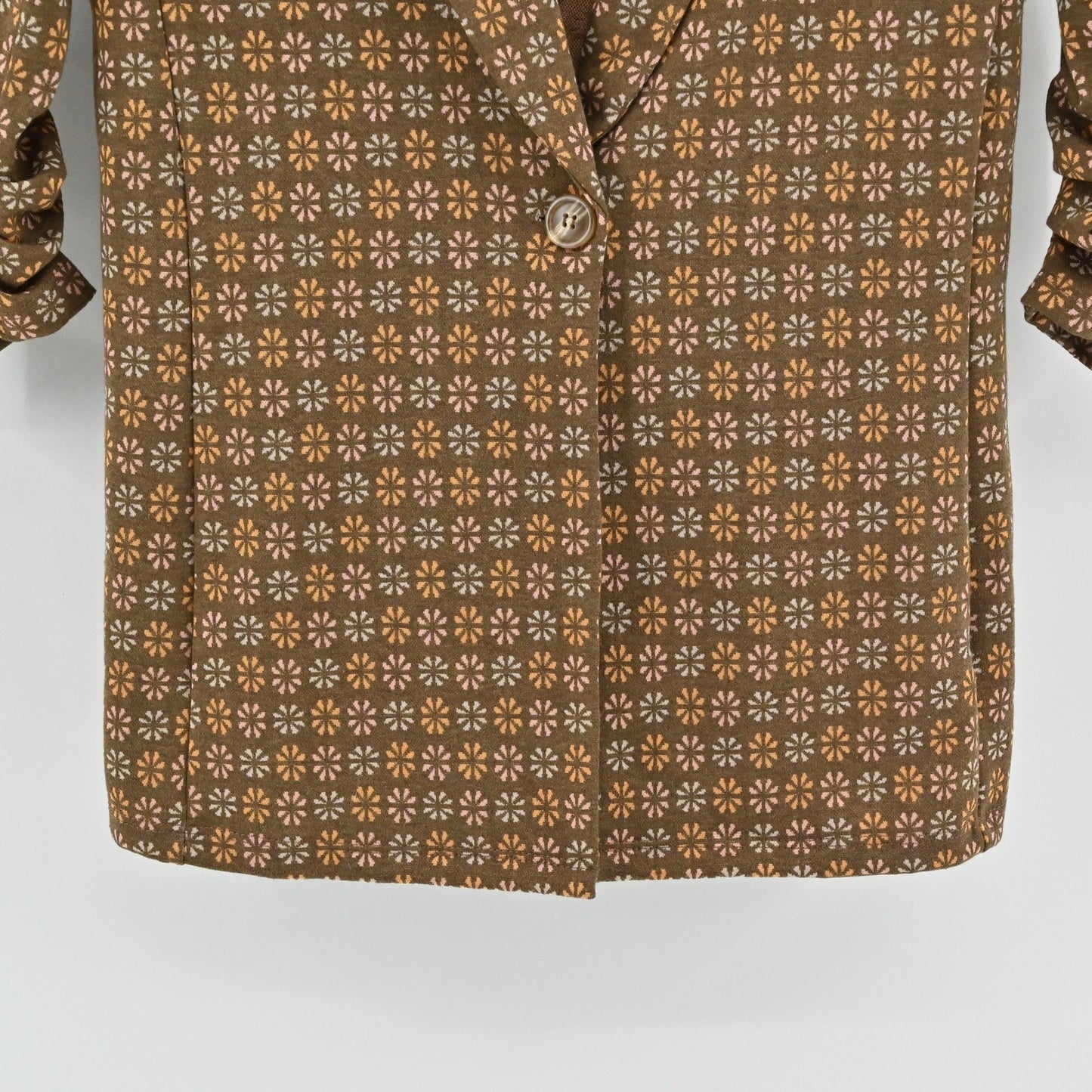 Altard State Floral Print Brown Blazer Size S Retro Mod Ruched 3/4 Sleeve USA