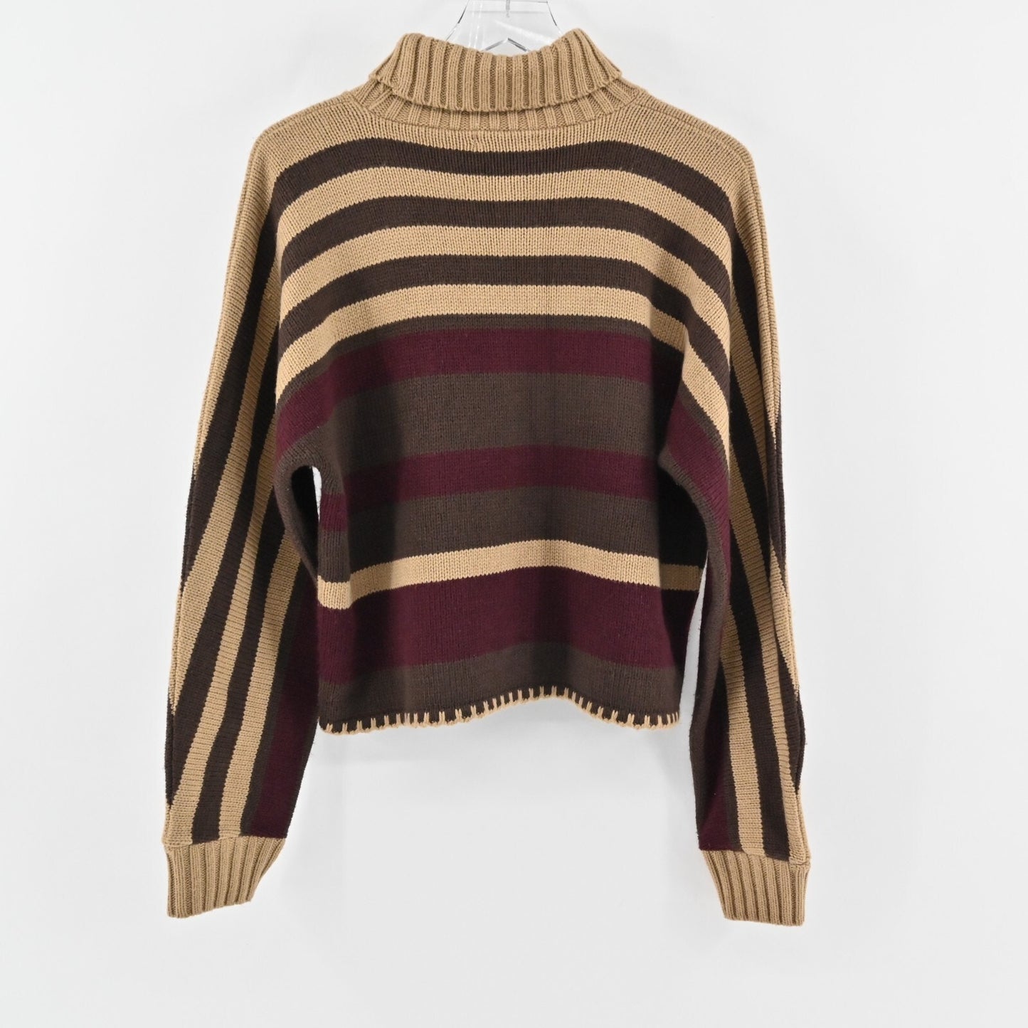 525 AMERICA Womens Striped Sweater Size L Brown Tan Turtleneck Knit Whipstitch