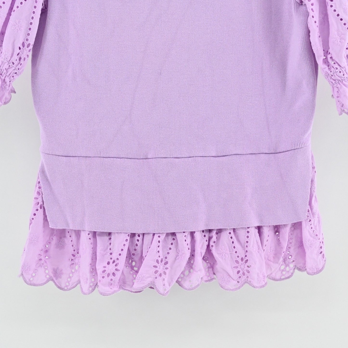 English Factory Womens Eyelet Mixed Media Knit Top Size S Lilac Puff Sleeve