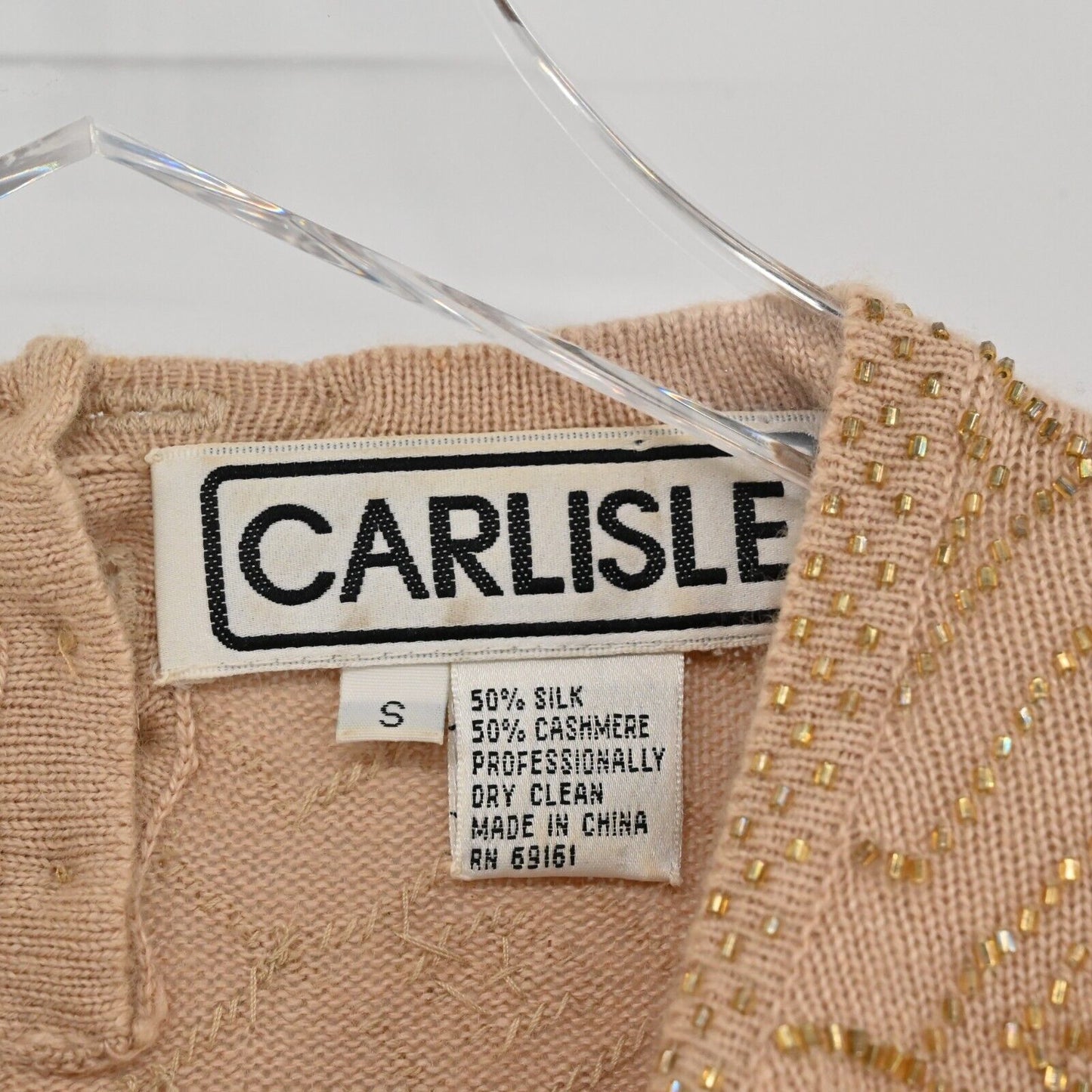 Vtg CARLISLE Sweater Womens Size Small Cashmere Silk Beaded Knit Geometric Print