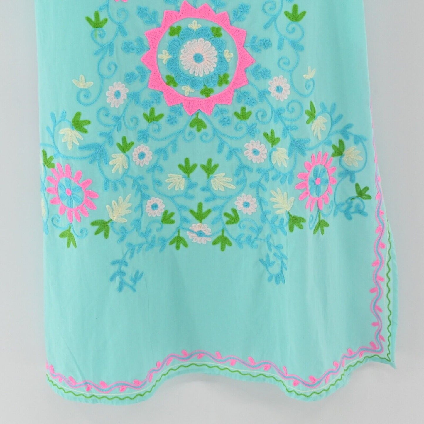 UNE BELLE TROUVAILLE Dress Womens Sz M Blue Embroidered Floral Cotton Tunic Maxi