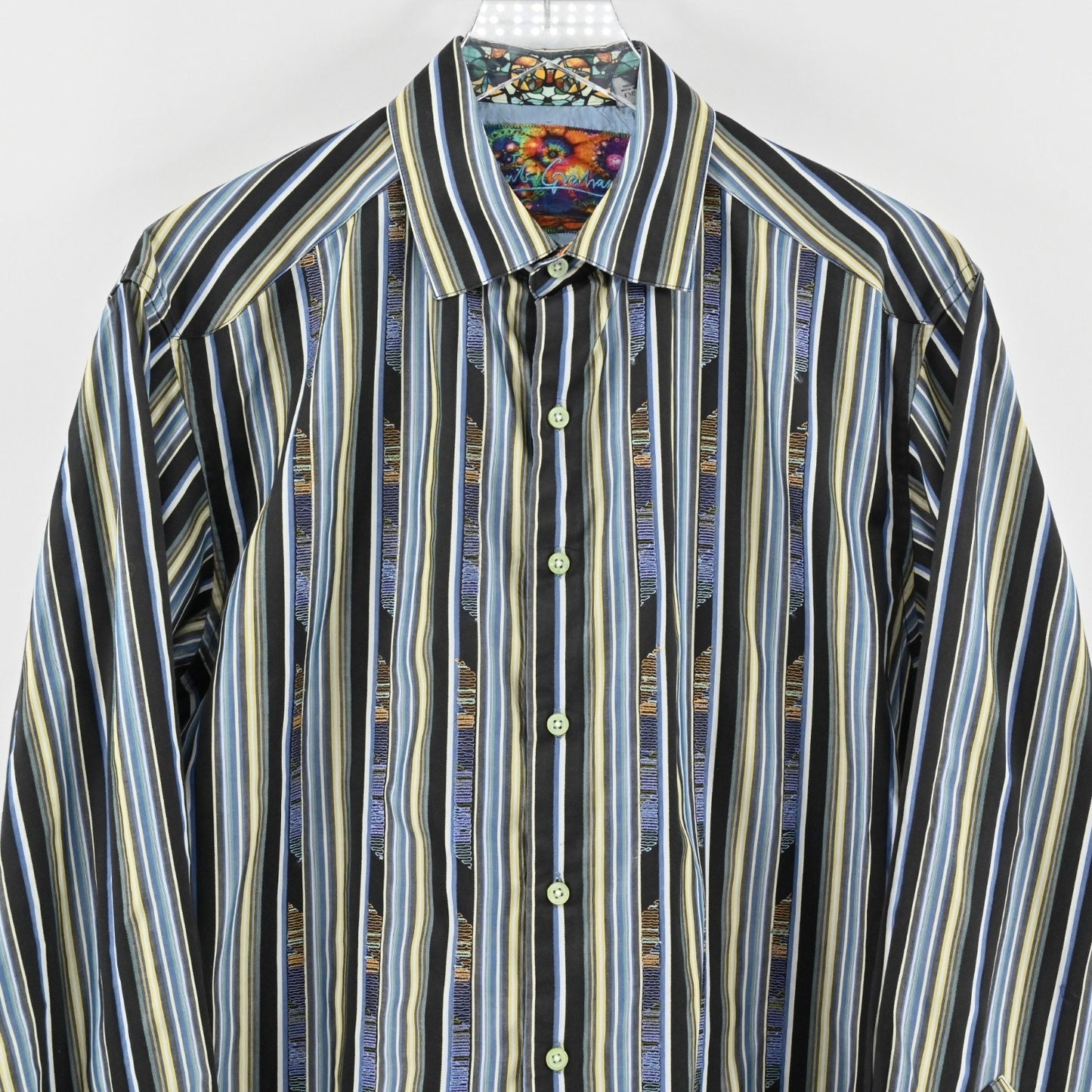 Robert Graham Mens Embroidered Stripe Collared Shirt Size L Blue Office Workwear