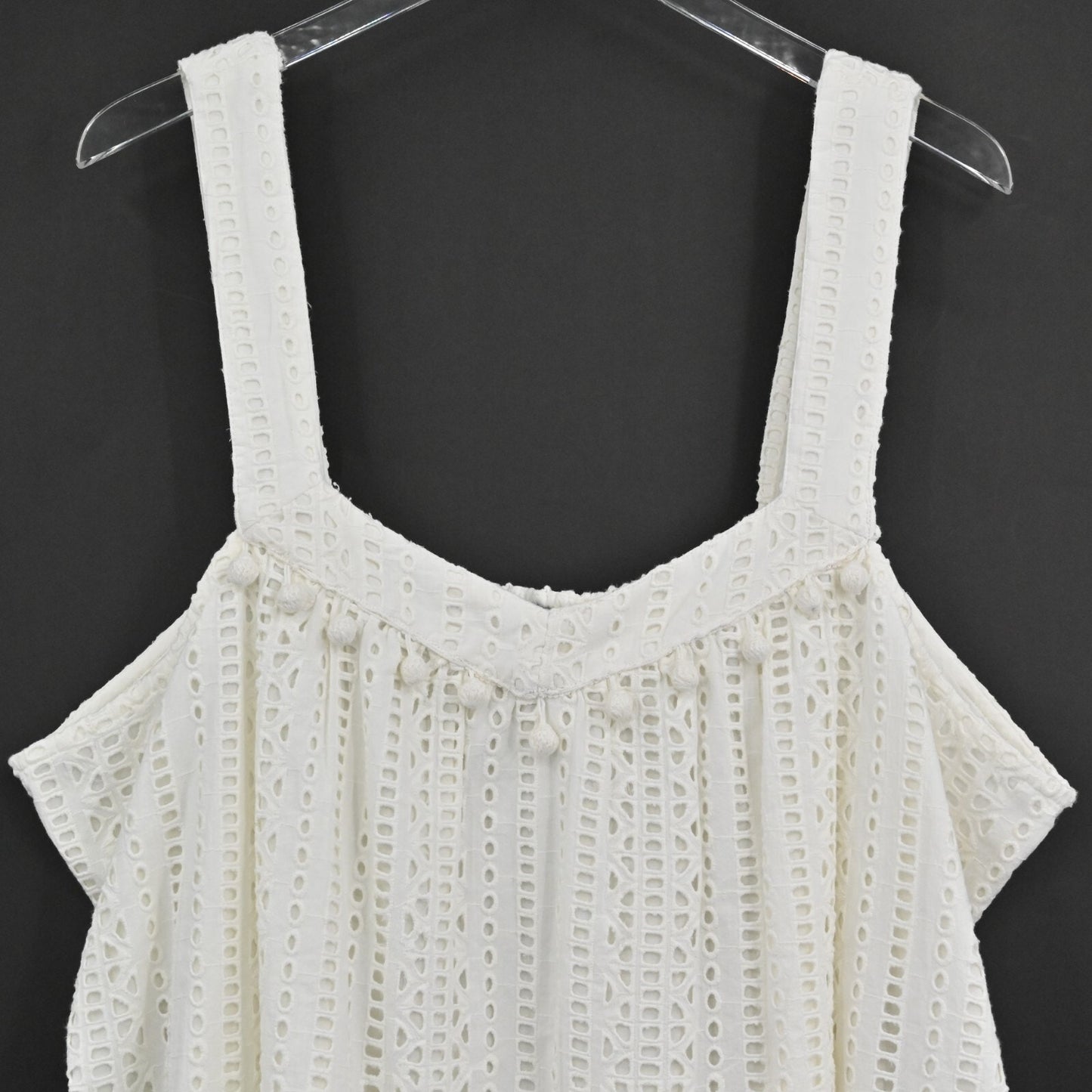 SUNDANCE Womens Eyelet Top Size XXL Sleeveless Sugar Sand Ivory Pom Pom Blouse