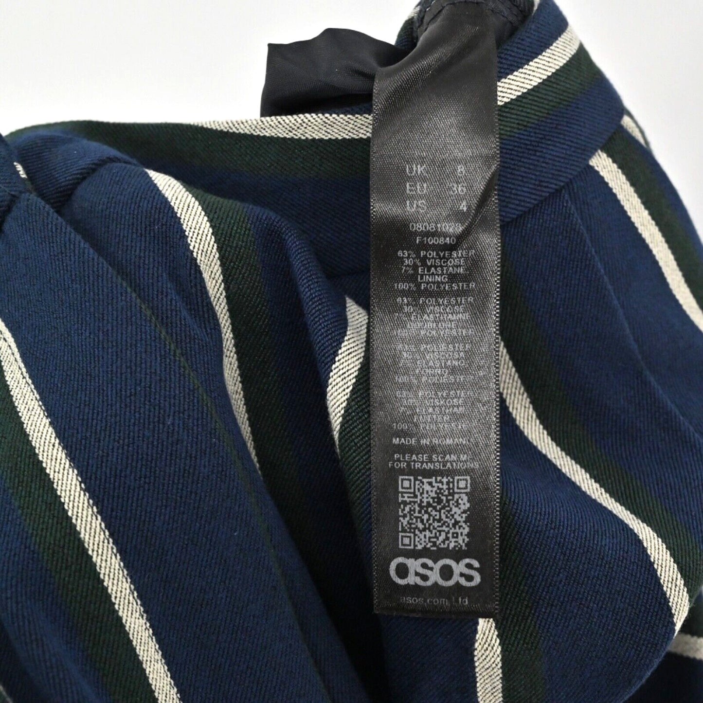 ASOS Pants Womens Size 4 Pleated Trouser Blue Green Stripe High Rise Academia