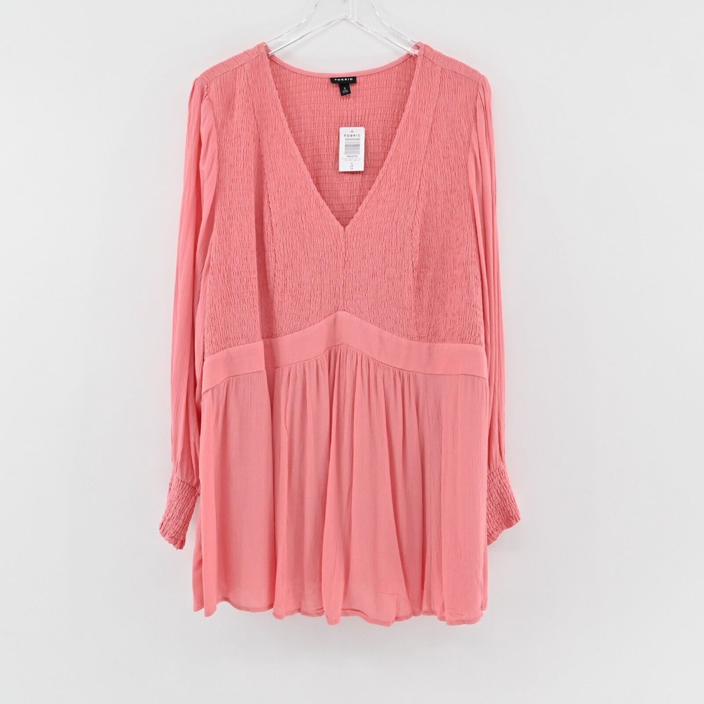 TORRID Top Womens Size 4X Babydoll Crinkle Gauze Smocked VNeck Woven Pink NEW