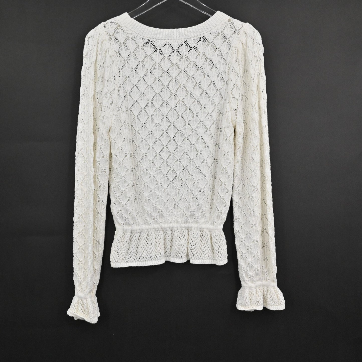 ANTHROPOLOGIE Womens Pointelle Sweater Size M Flounce Hem Knit Ivory Preppy NEW
