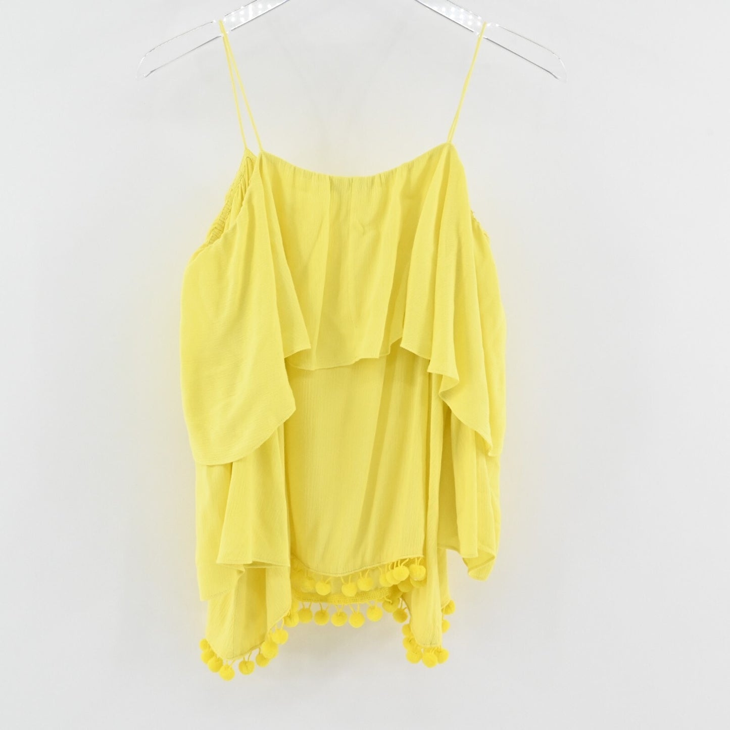 ALICE OLIVIA Womens Meagan Top Size S Yellow Cold Shoulder Pom Pom Trim Blouse
